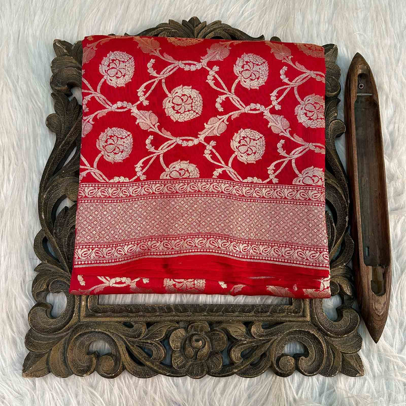 Bright Red Shade Pure Munga Silk Saree