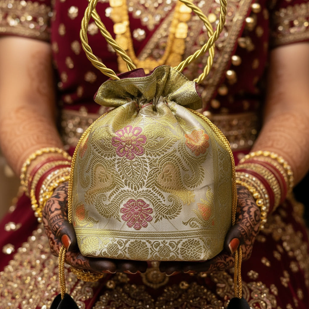 Stunning White Colour Banarasi Potali Bags