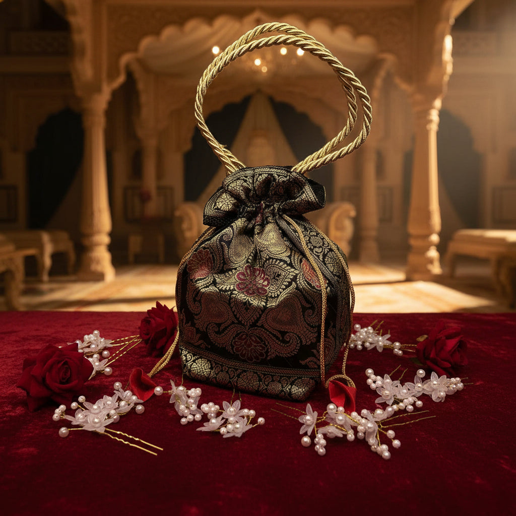 Stunning Black Colour Banarasi Potli Bags