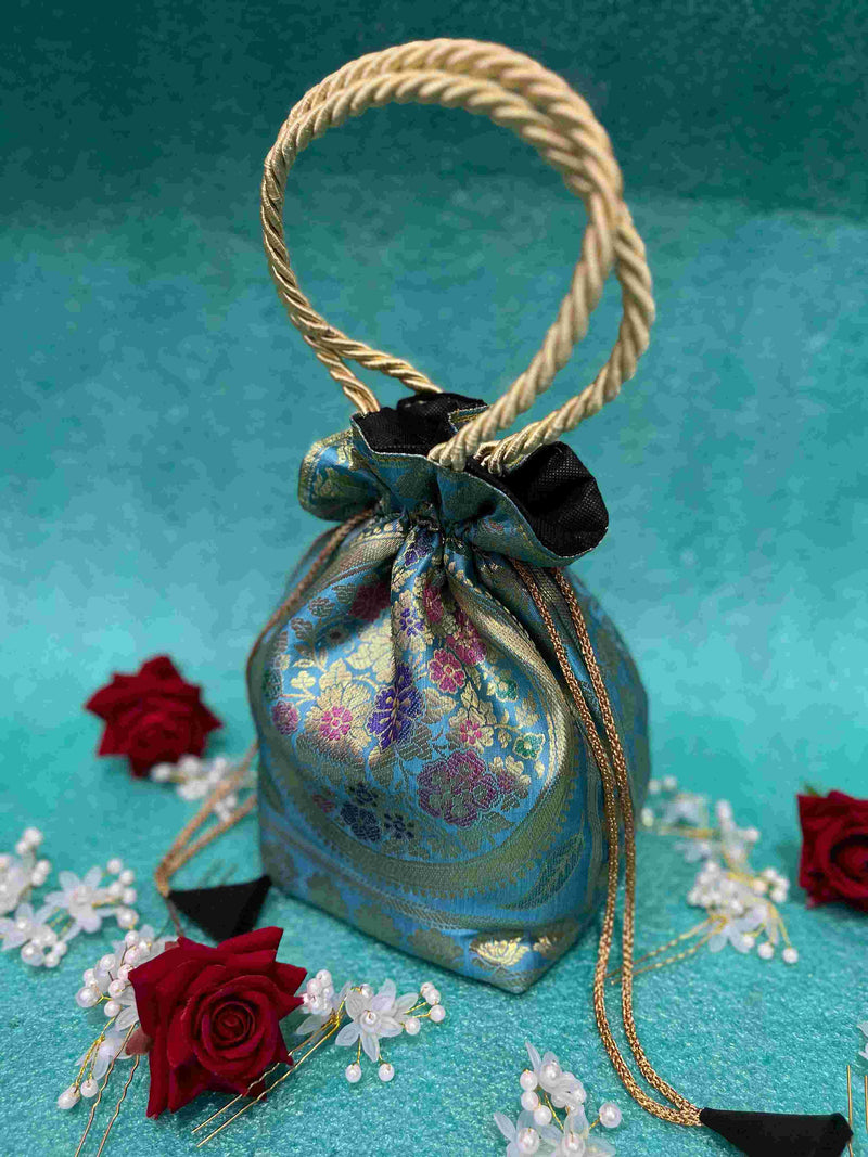 Stunning Light Blue Colour Banarasi Potli Bags