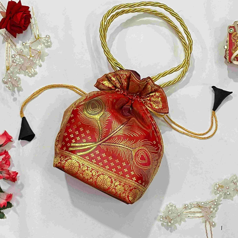 Stunning Red Colour Banarasi Potli Bags