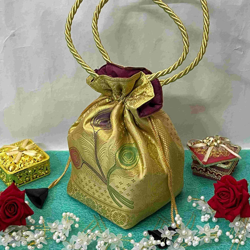 Ethnic Cream Colour Banarasi Potli Bags