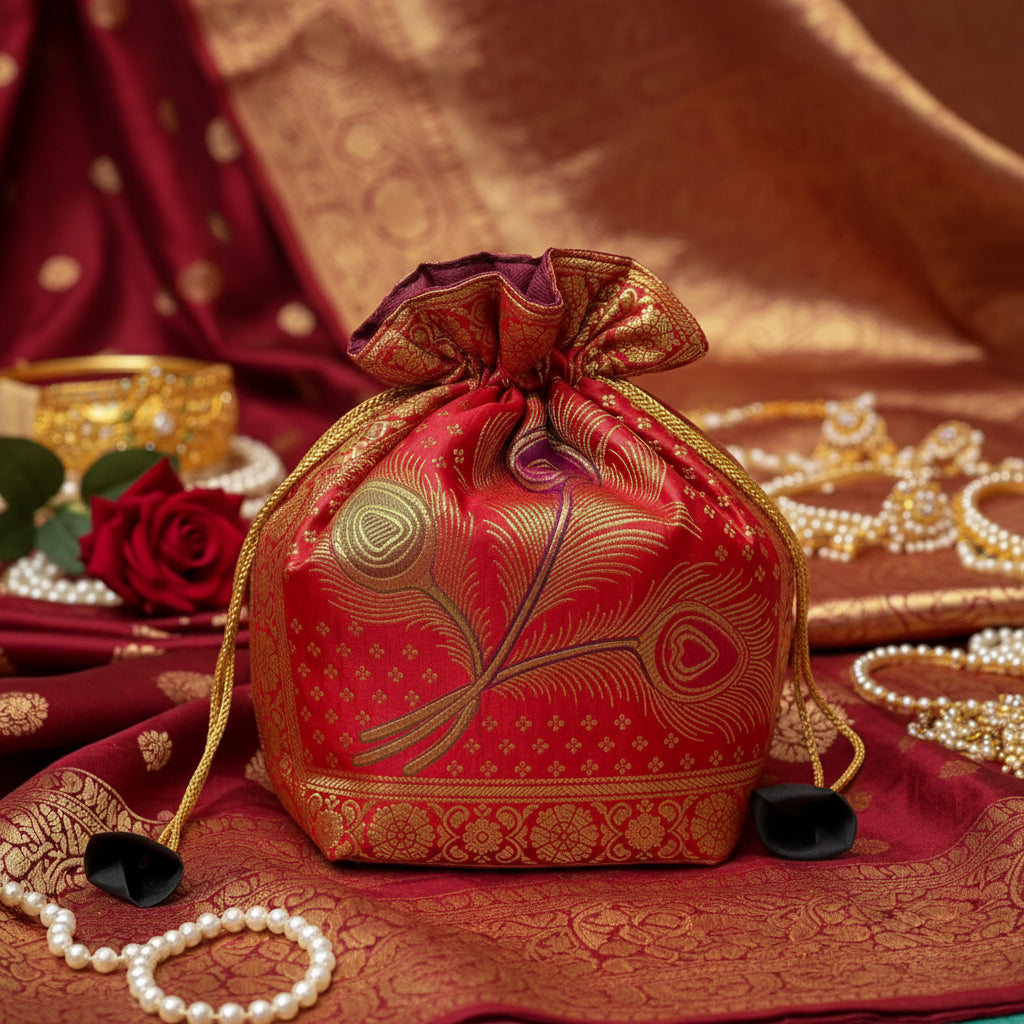 Stunning Red Colour Banarasi Potli Bags