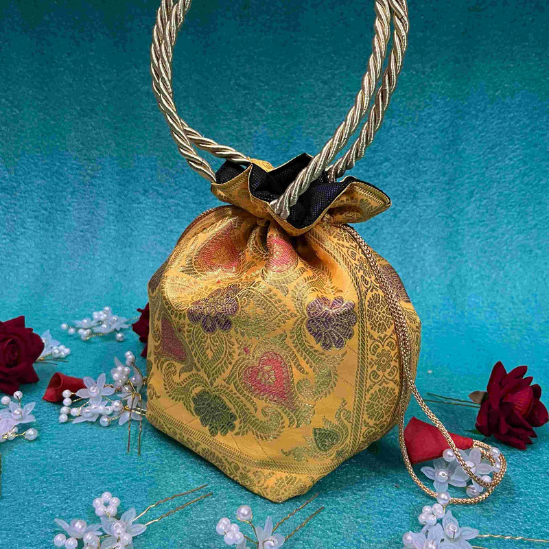 Beautiful Yellow Colour Banarasi Potli Bags