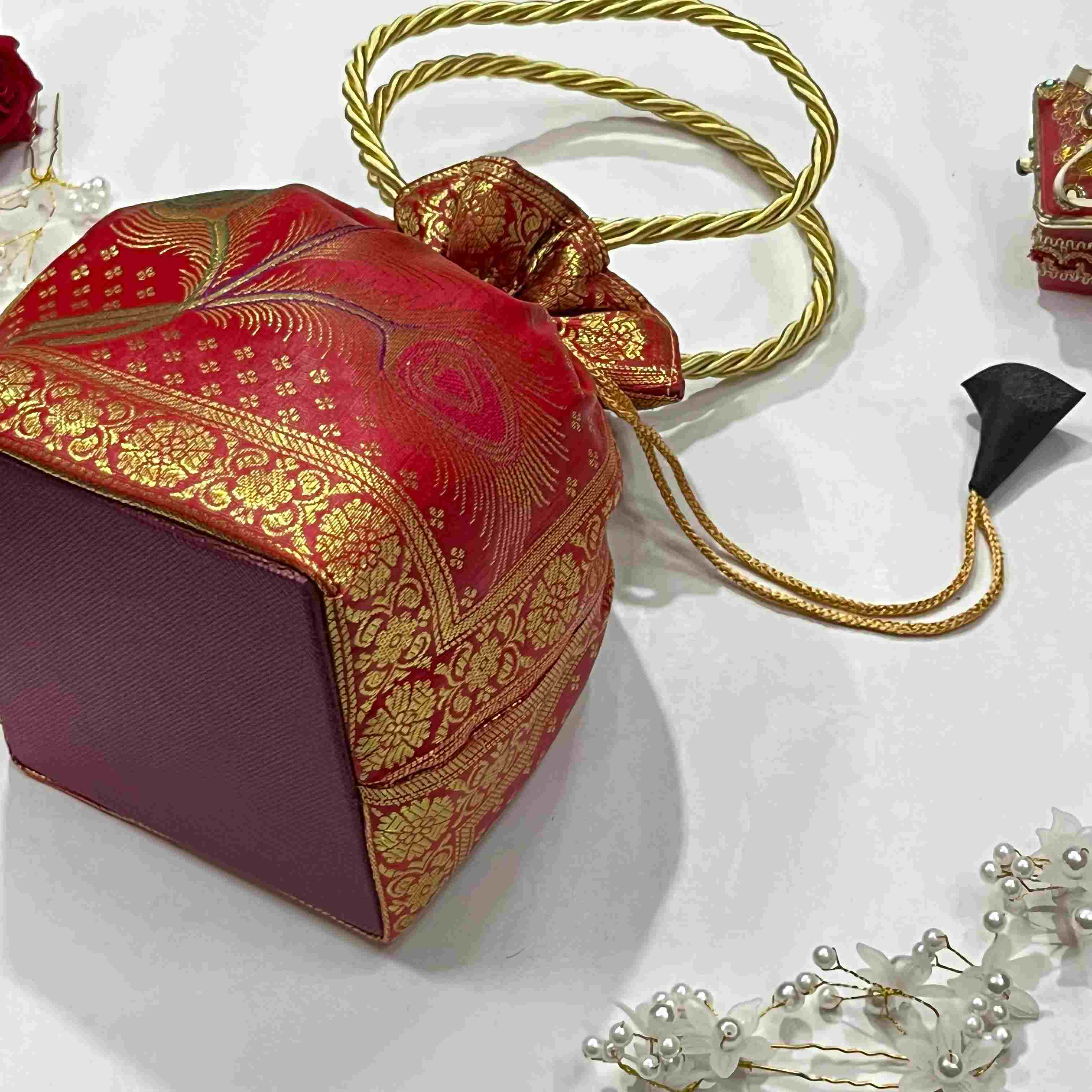 Stunning Red Colour Banarasi Potli Bags
