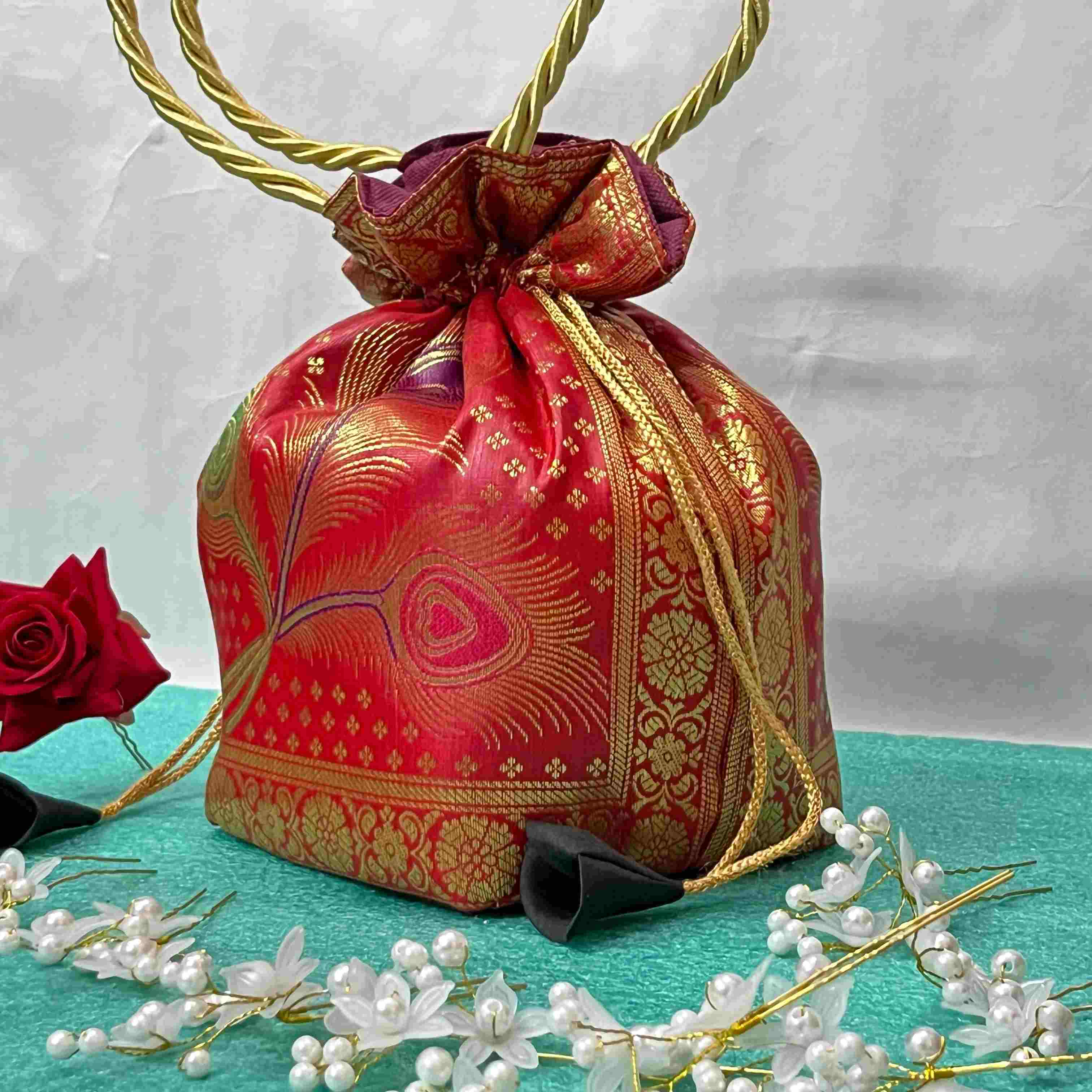 Stunning Red Colour Banarasi Potli Bags