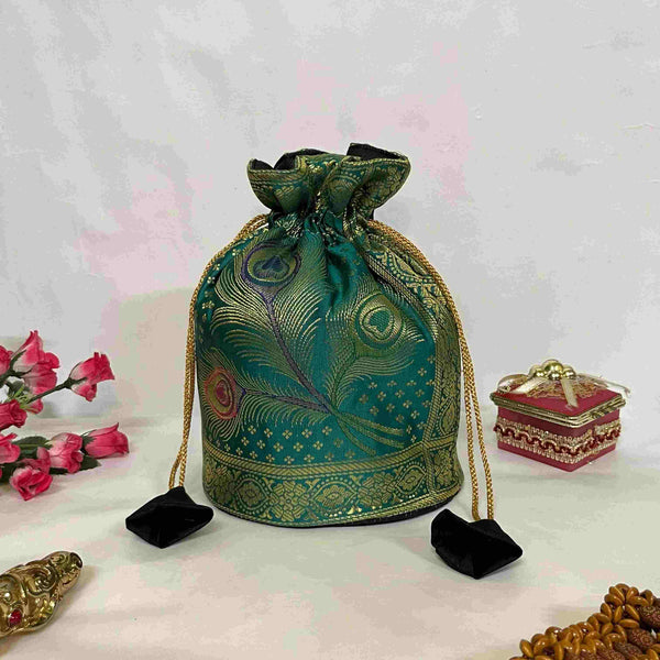 Elegant Bottle Green Green Colour Banarasi Potli Bags