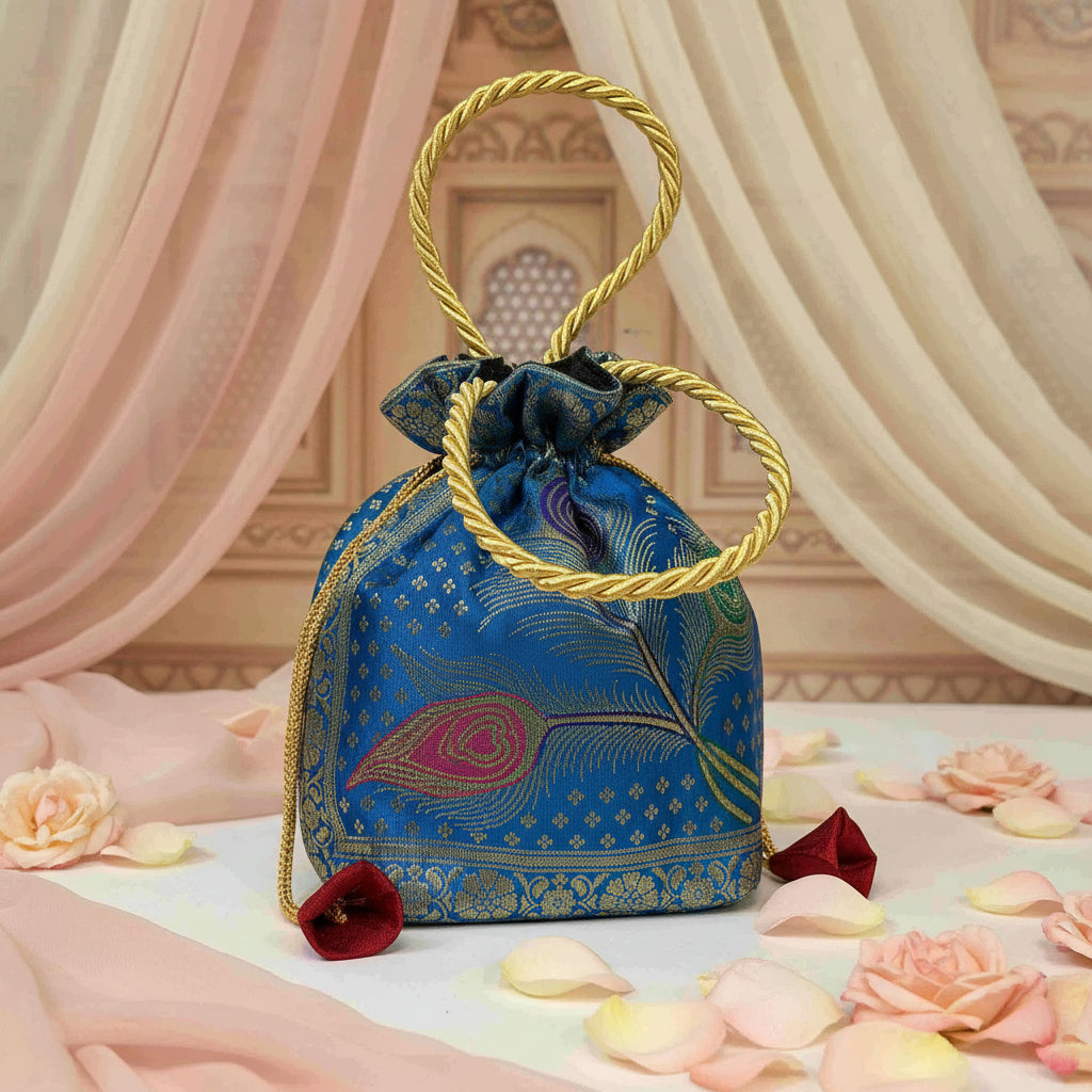 Classy Blue Colour Banarasi Potli  Bags