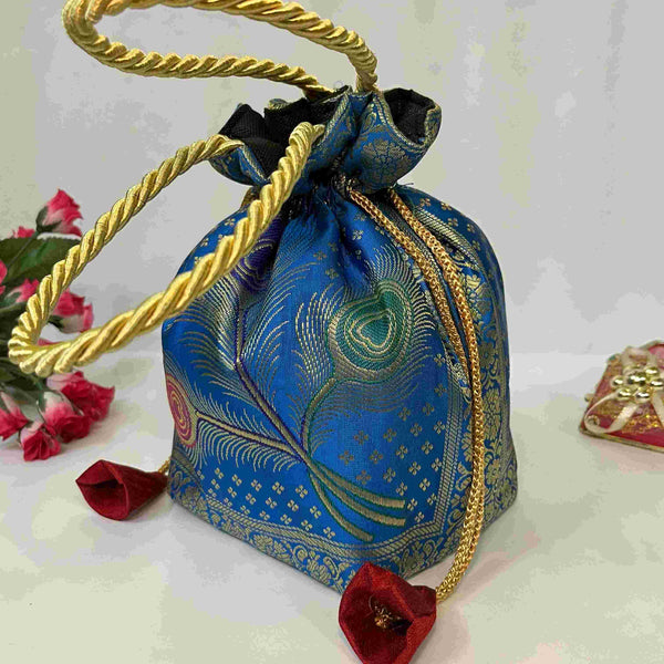 Classy Blue Colour Banarasi Potli  Bags