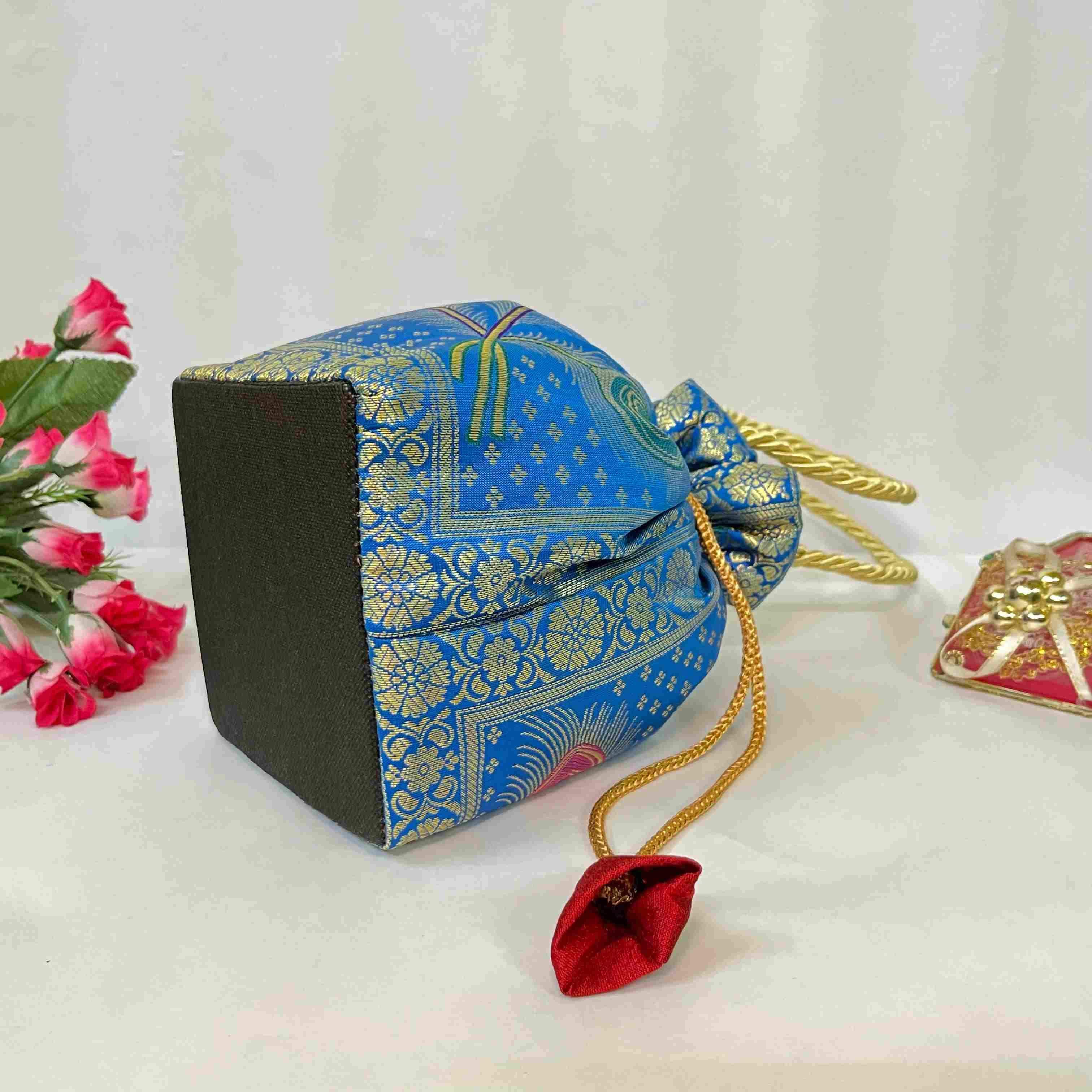 Classy Blue Colour Banarasi Potli  Bags