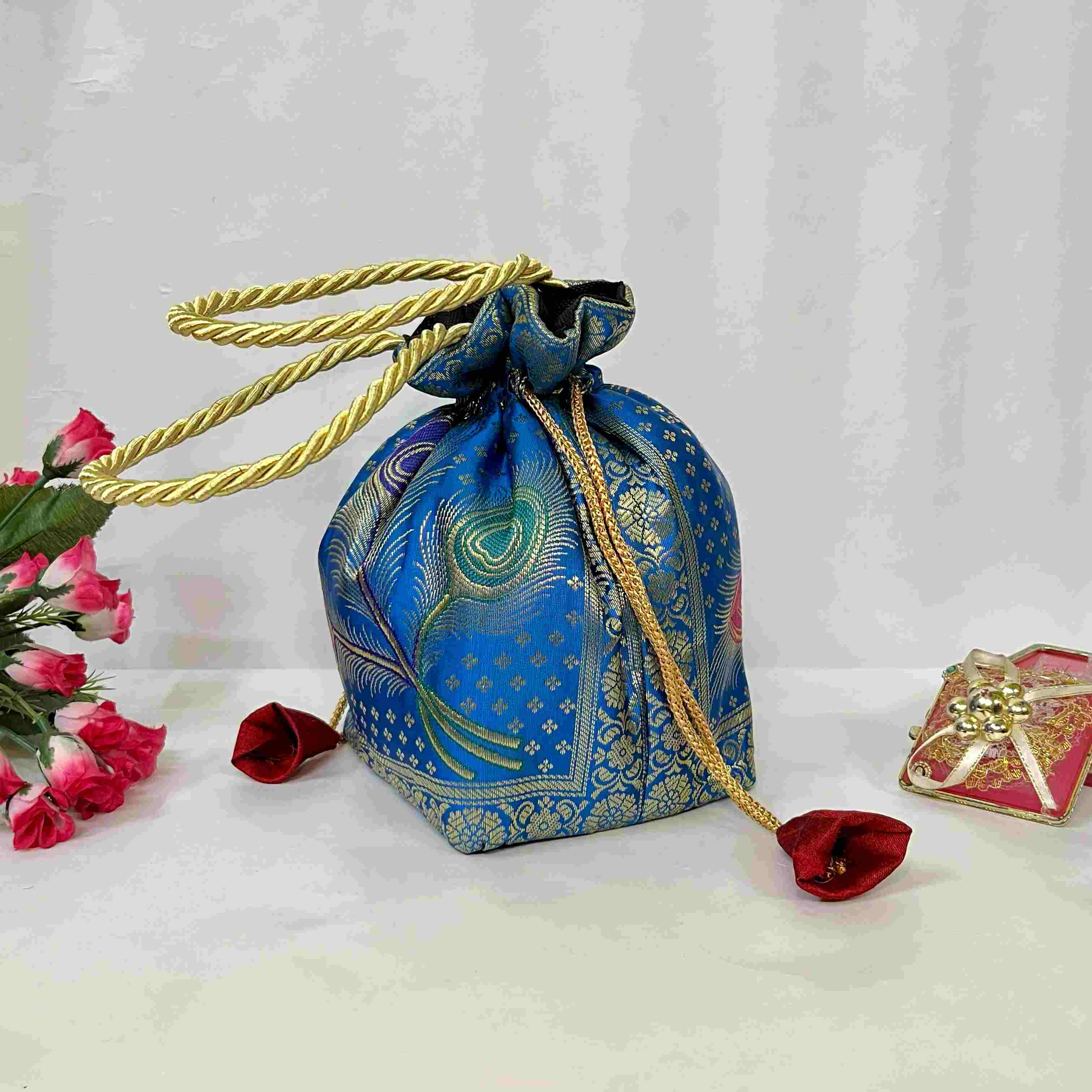 Classy Blue Colour Banarasi Potli  Bags