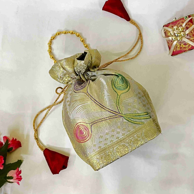 Stunning White Colour Banarasi Potli Bags