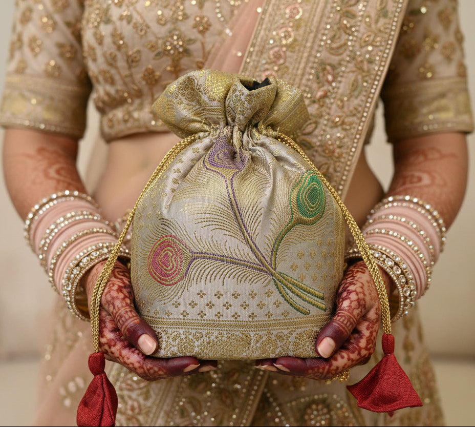 Stunning White Colour Banarasi Potli Bags