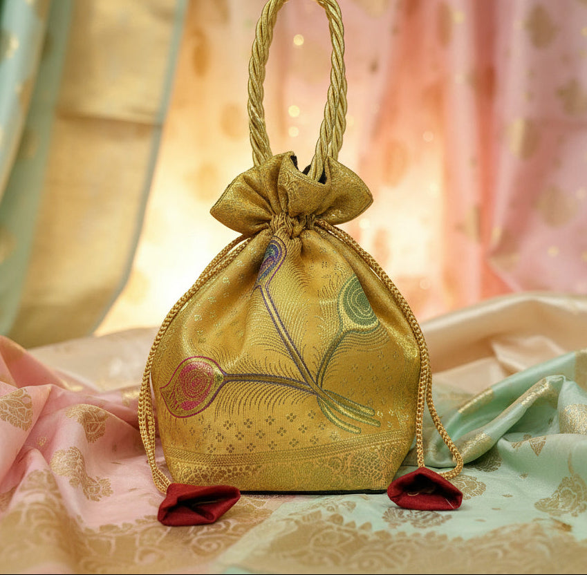 Stunning Golden Colour Banarasi Potli Bags