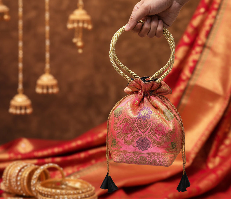 Stunning Baby Pink Colour Banarasi Potli Bags