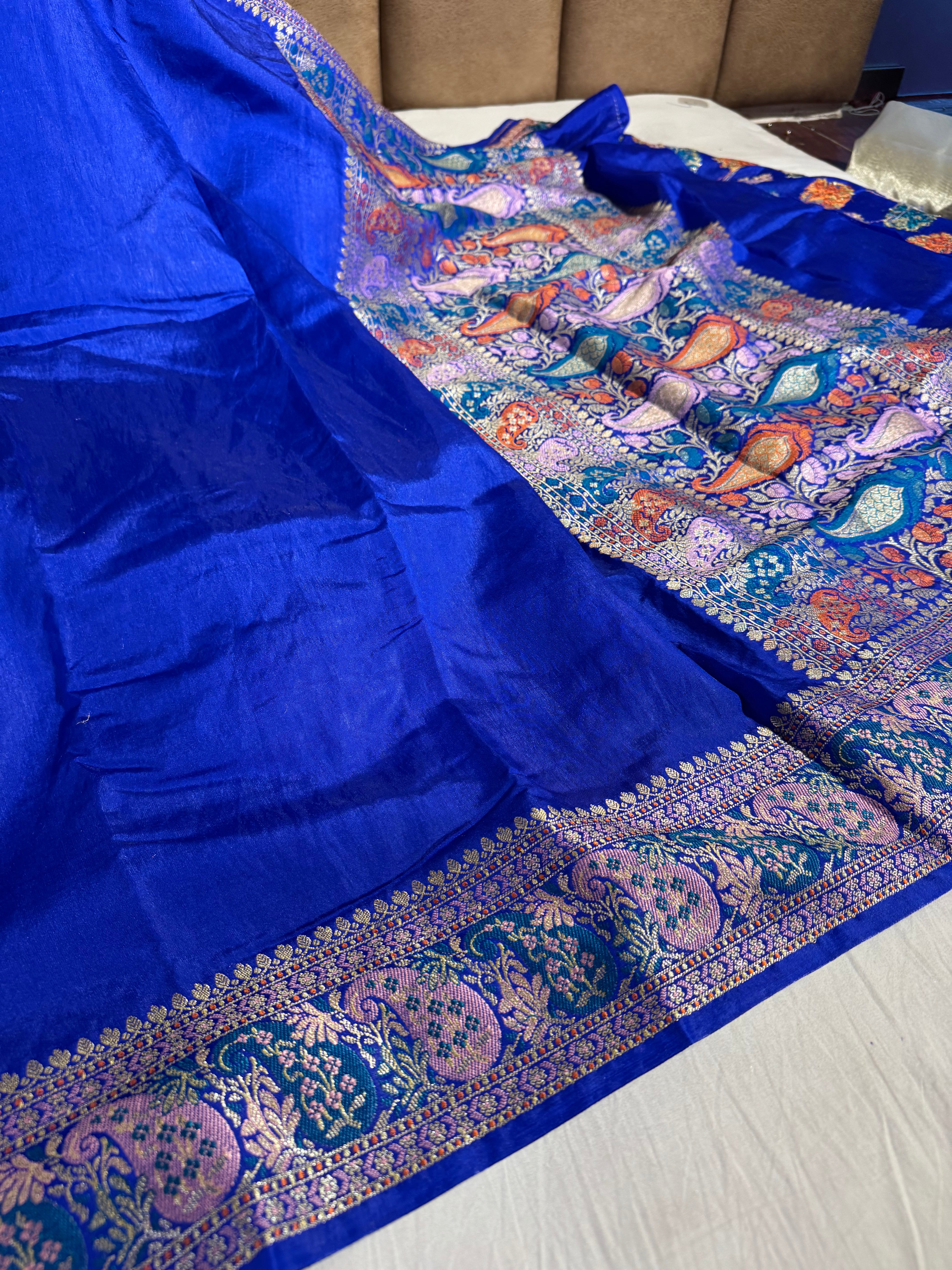 Blue Banarasi Georgette Silk Golden Zari Border Banarasi Saree