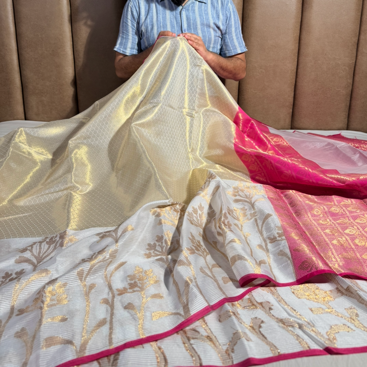 Premium white lightweight tissue resham weaved saree