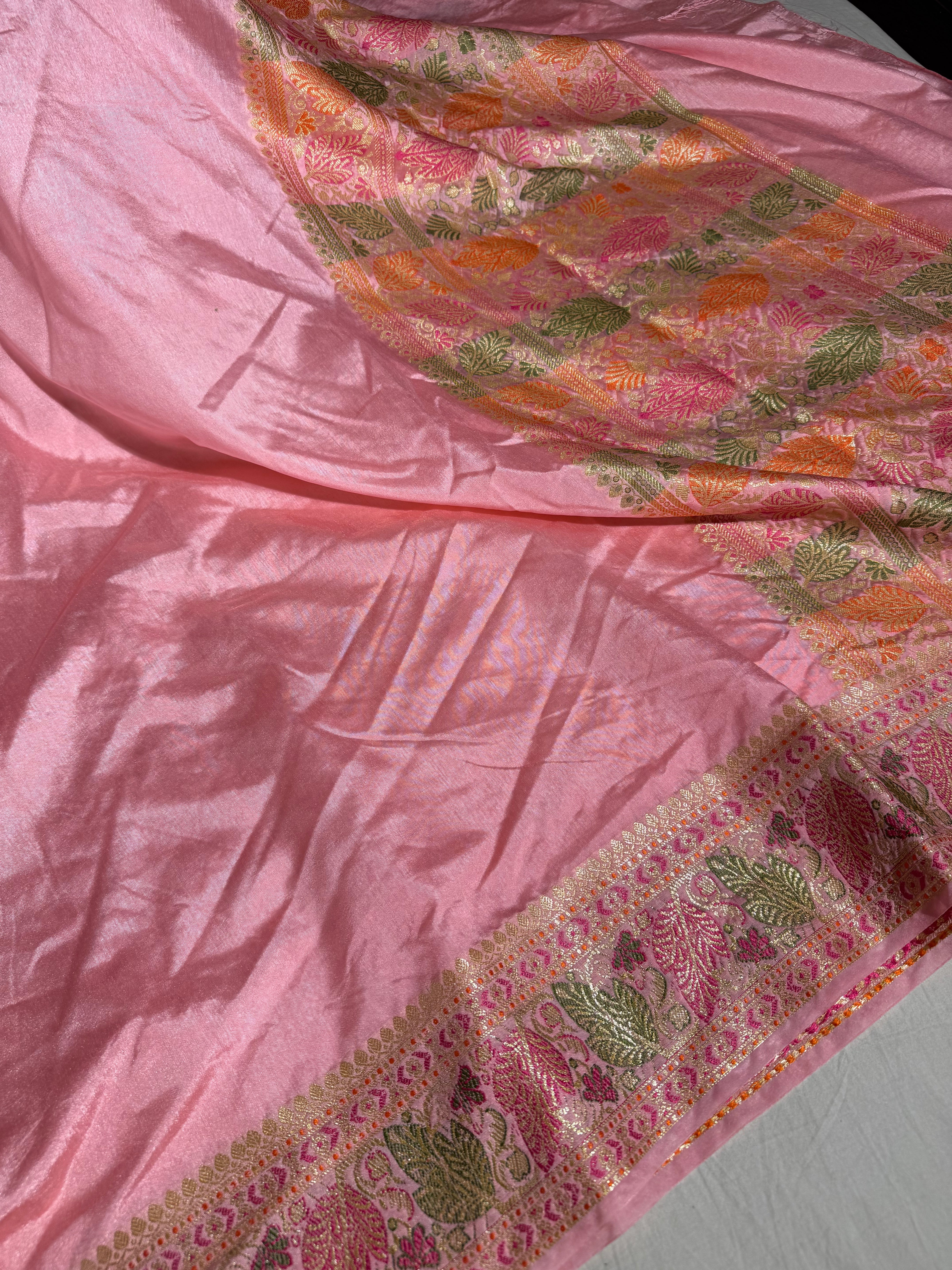 Pink Banarasi Georgette Silk Golden Zari Border & Floral Motifs Saree