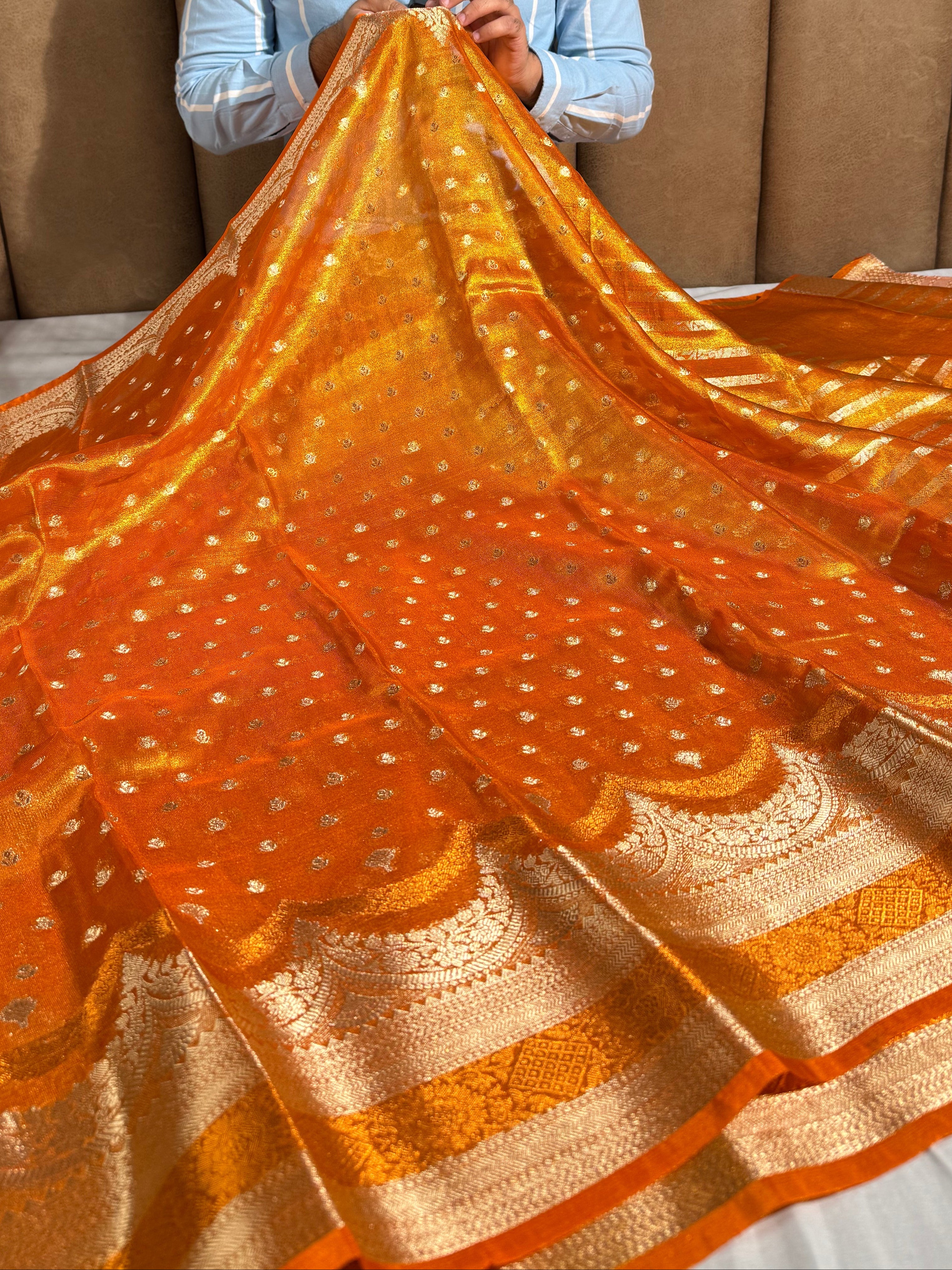 Never seen before rust premium tissue silk saree with zari pallu and blouse