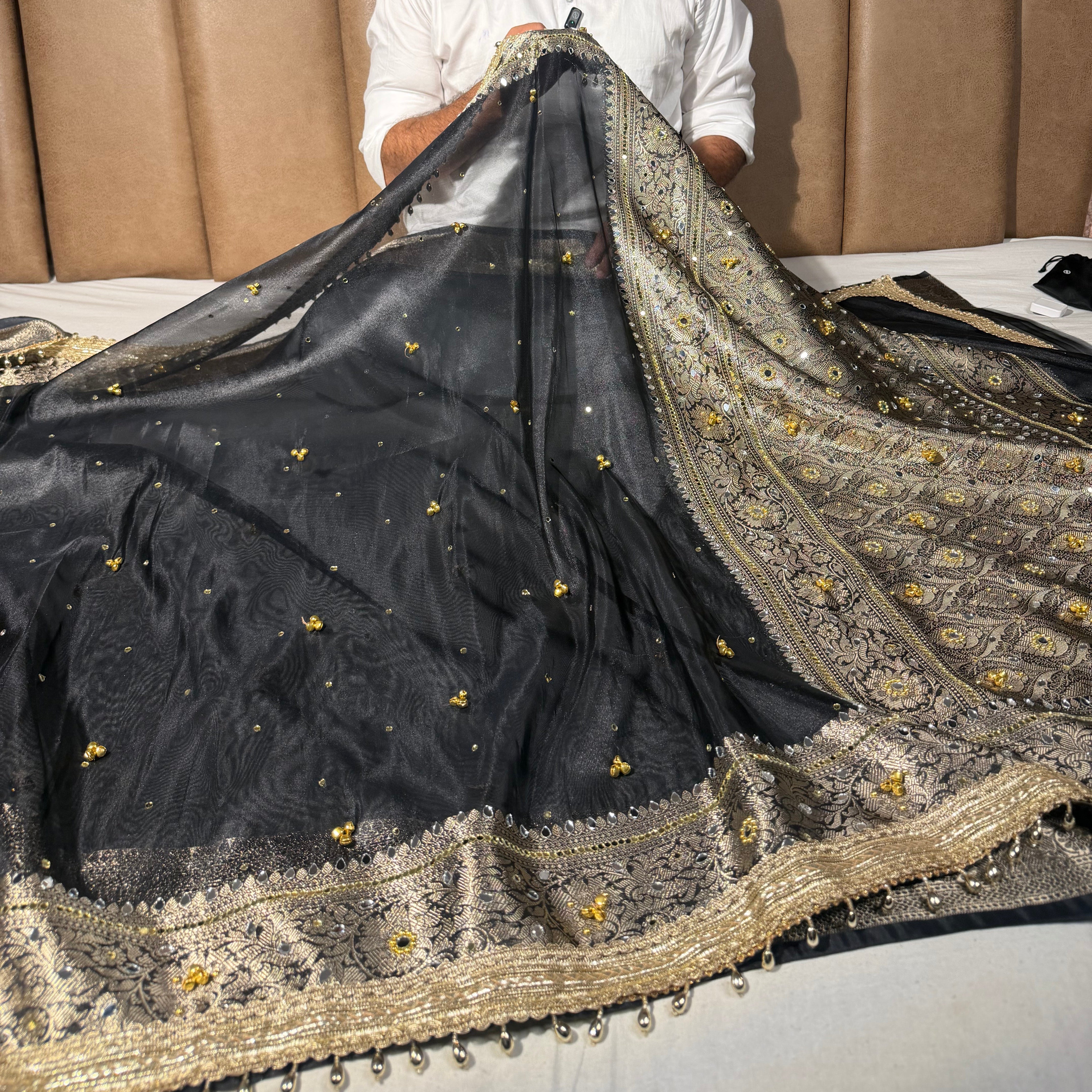 Metallic Black Kora Tissue Viral Ghungroo Saree