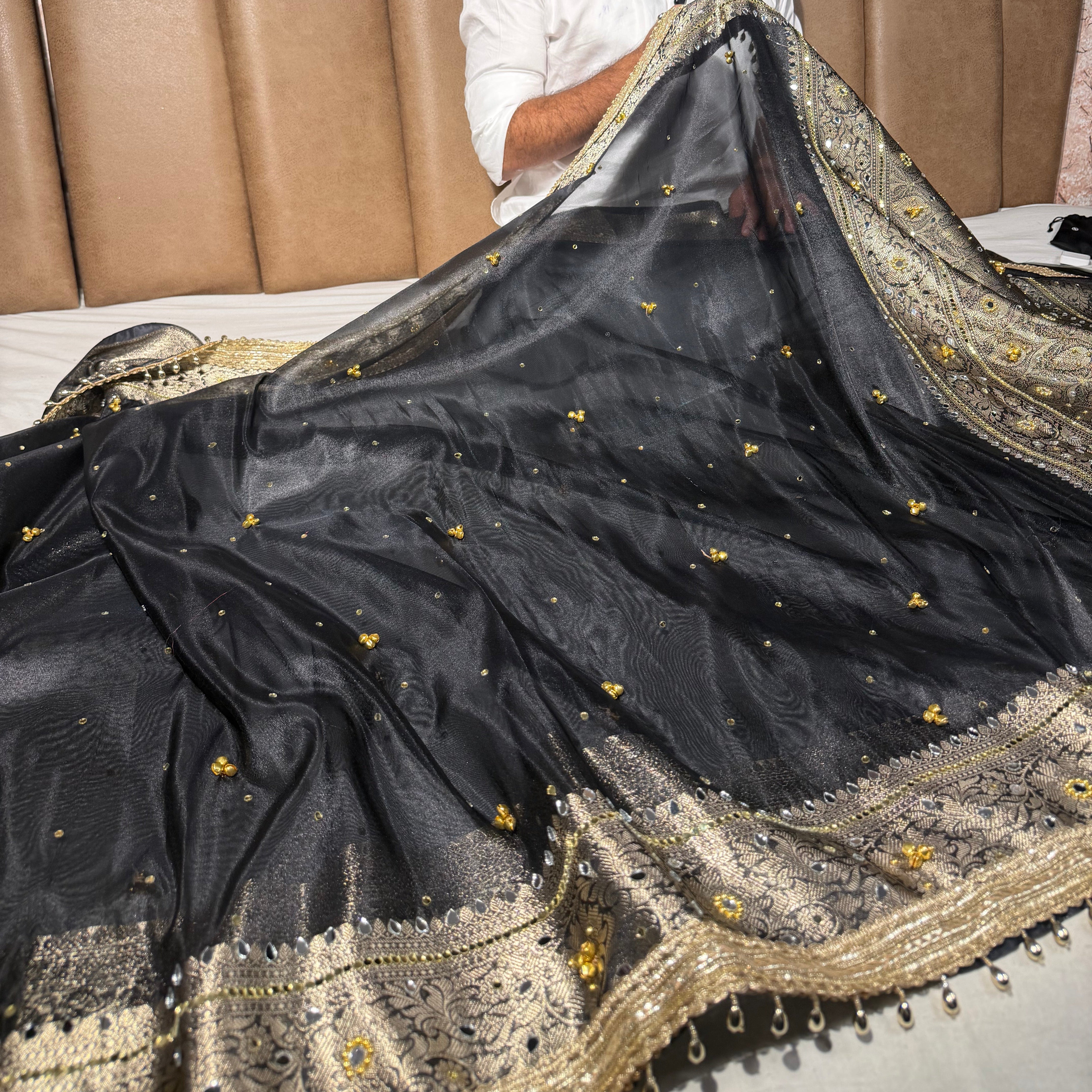 Metallic Black Kora Tissue Viral Ghungroo Saree