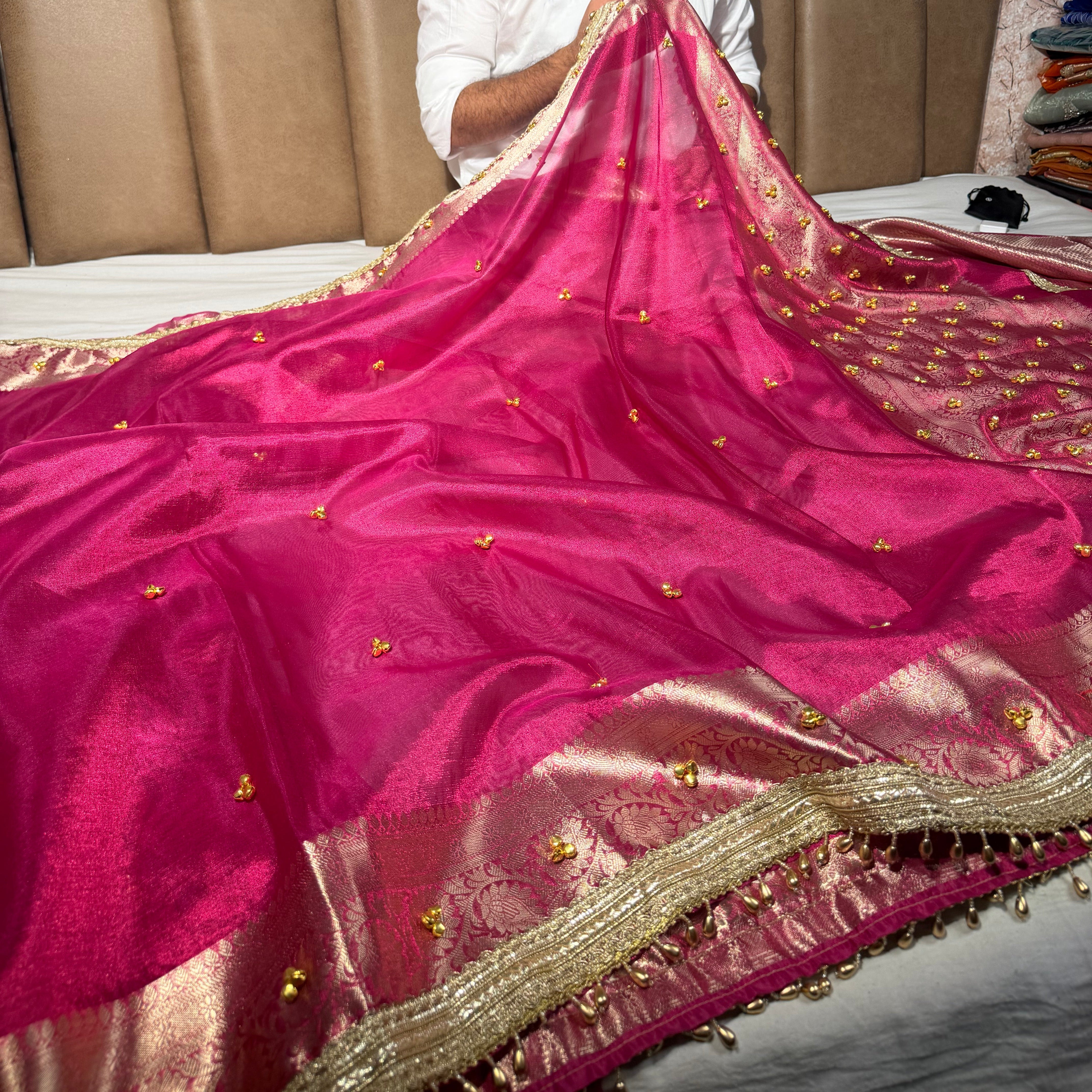 Metallic Rani Kora Tissue Viral Ghungroo Saree