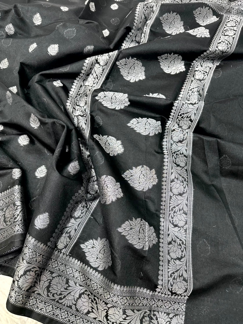 Jet Black Shade Softsilk Banarasi Saree in Silver Zari Khaddi Buti Weave