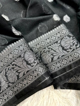 Jet Black Shade Softsilk Banarasi Saree in Silver Zari Khaddi Buti Weave