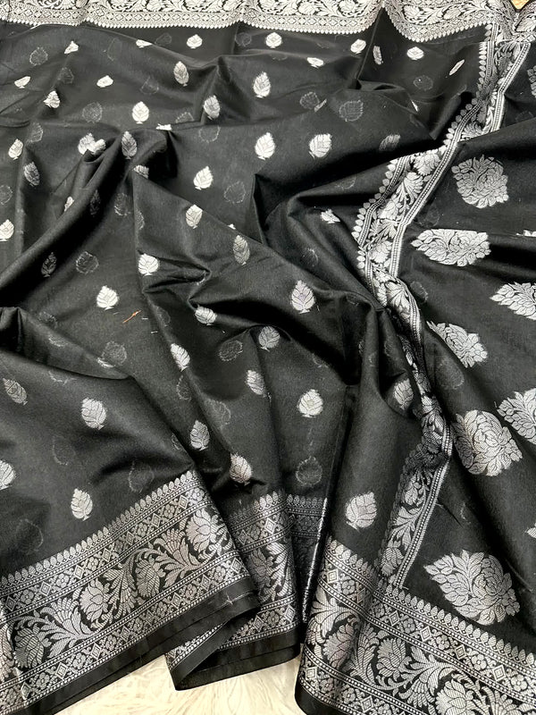 Jet Black Shade Softsilk Banarasi Saree in Silver Zari Khaddi Buti Weave