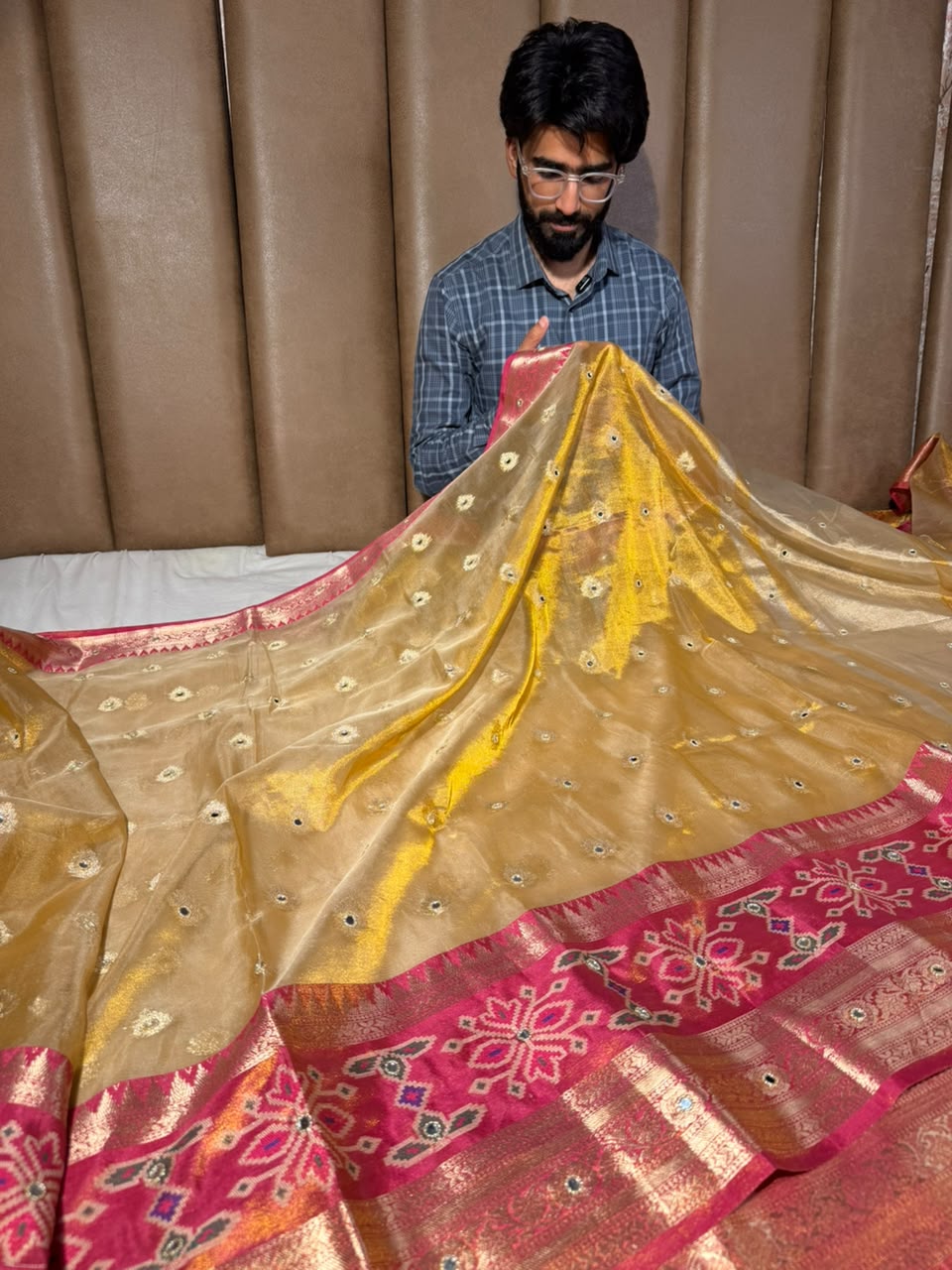 Ikkat Border Copper Tissue Silk Mirror Work Saree