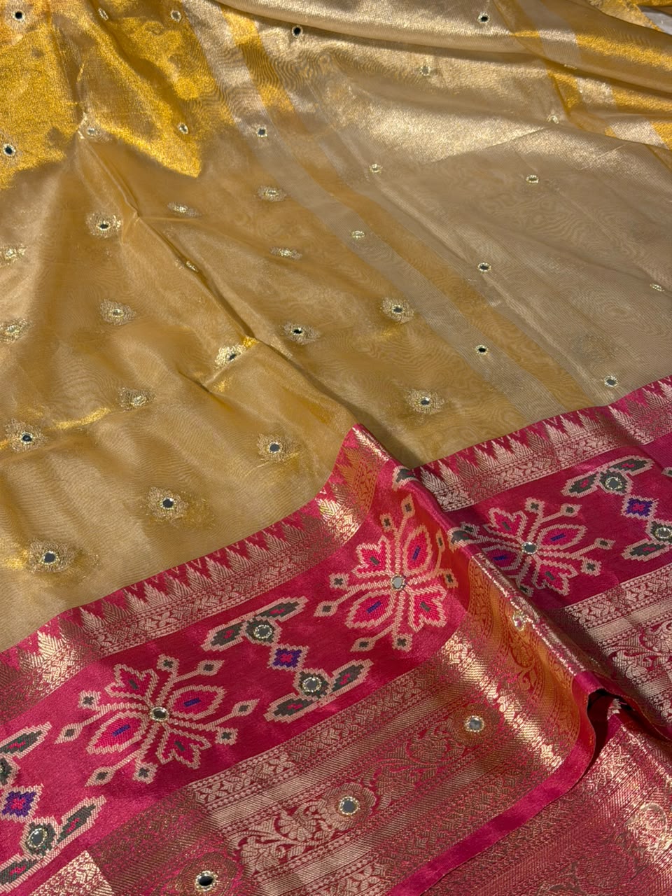 Ikkat Border Copper Tissue Silk Mirror Work Saree