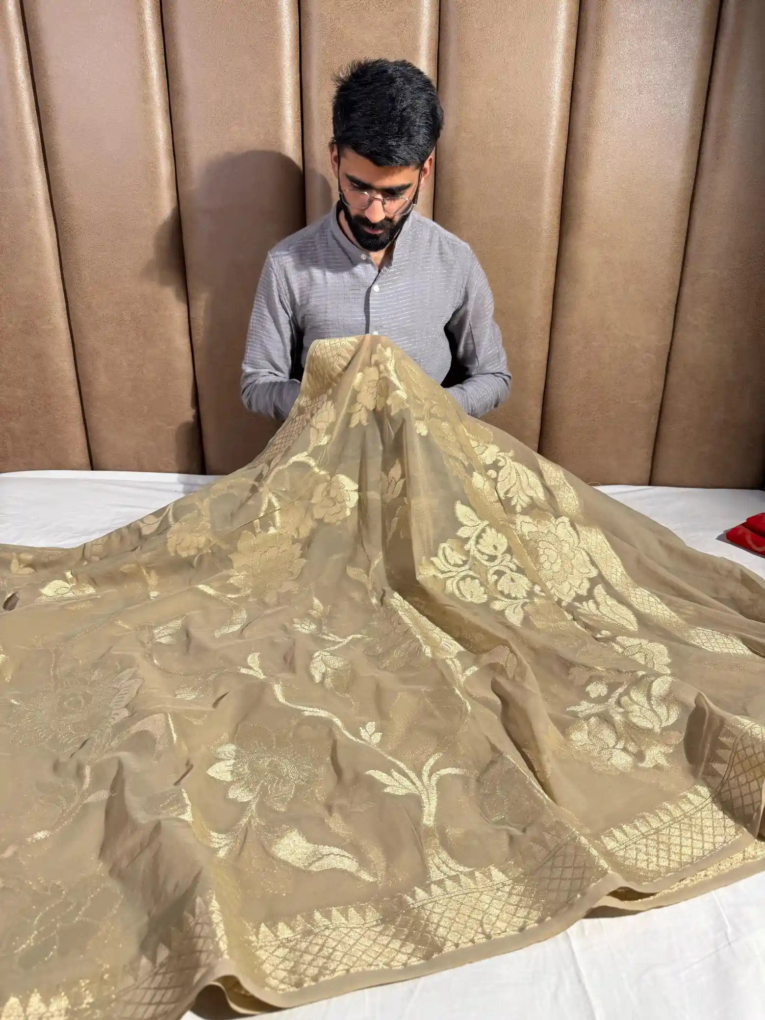 Ivory Beige Premium Khaddi Chiffon Silk Jangla Banarasi Saree
