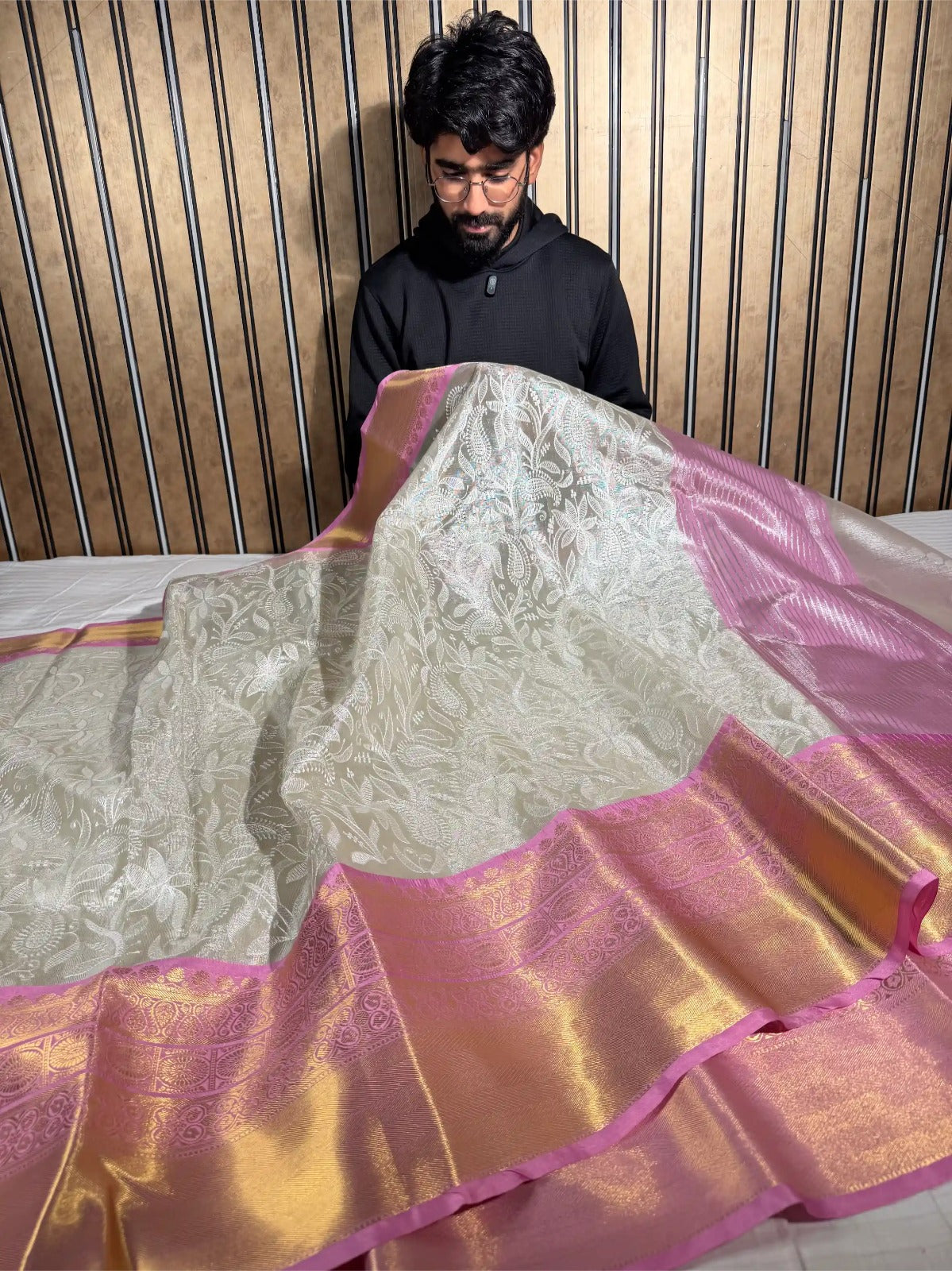 Ivory Contrast Katan Tissue Silk Water Zari Chikankari Embroidered Banarasi Saree