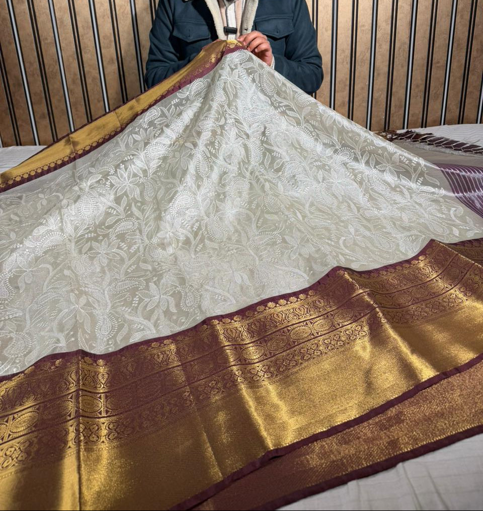 Ivory Contrast Katan Tissue Silk Water Zari Chikankari Embroidered Banarasi Saree