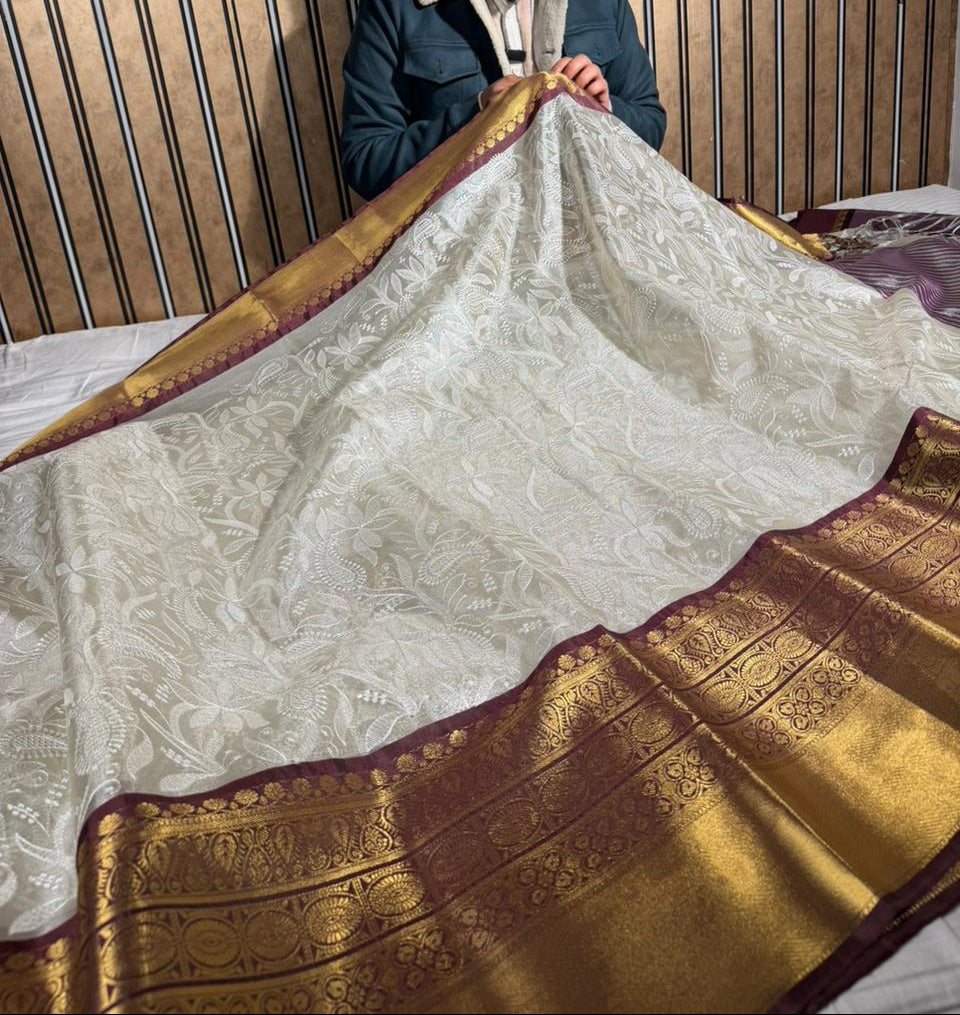 Ivory Contrast Katan Tissue Silk Water Zari Chikankari Embroidered Banarasi Saree