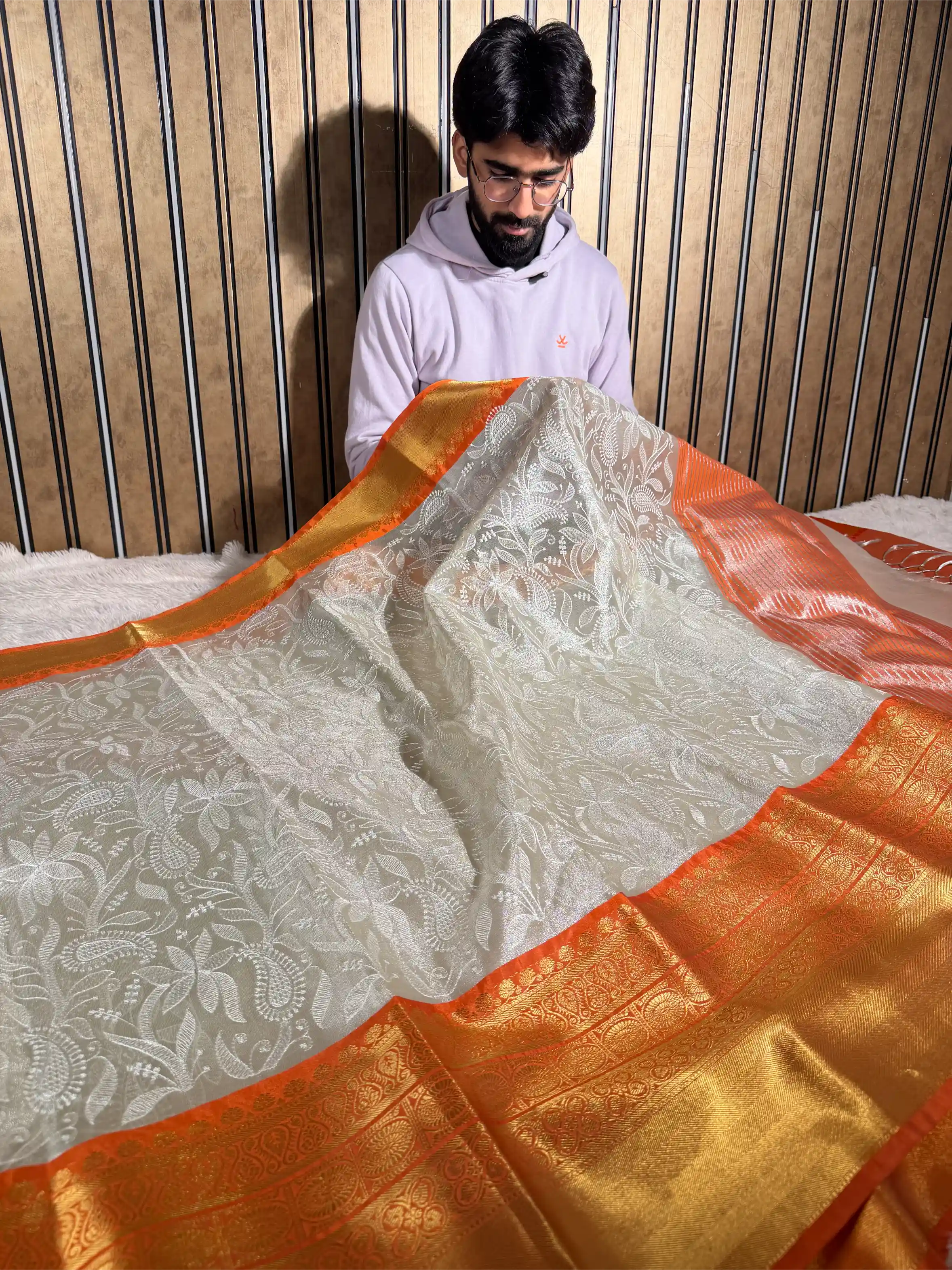 Ivory Contrast Katan Tissue Silk Water Zari Chikankari Embroidered Banarasi Saree