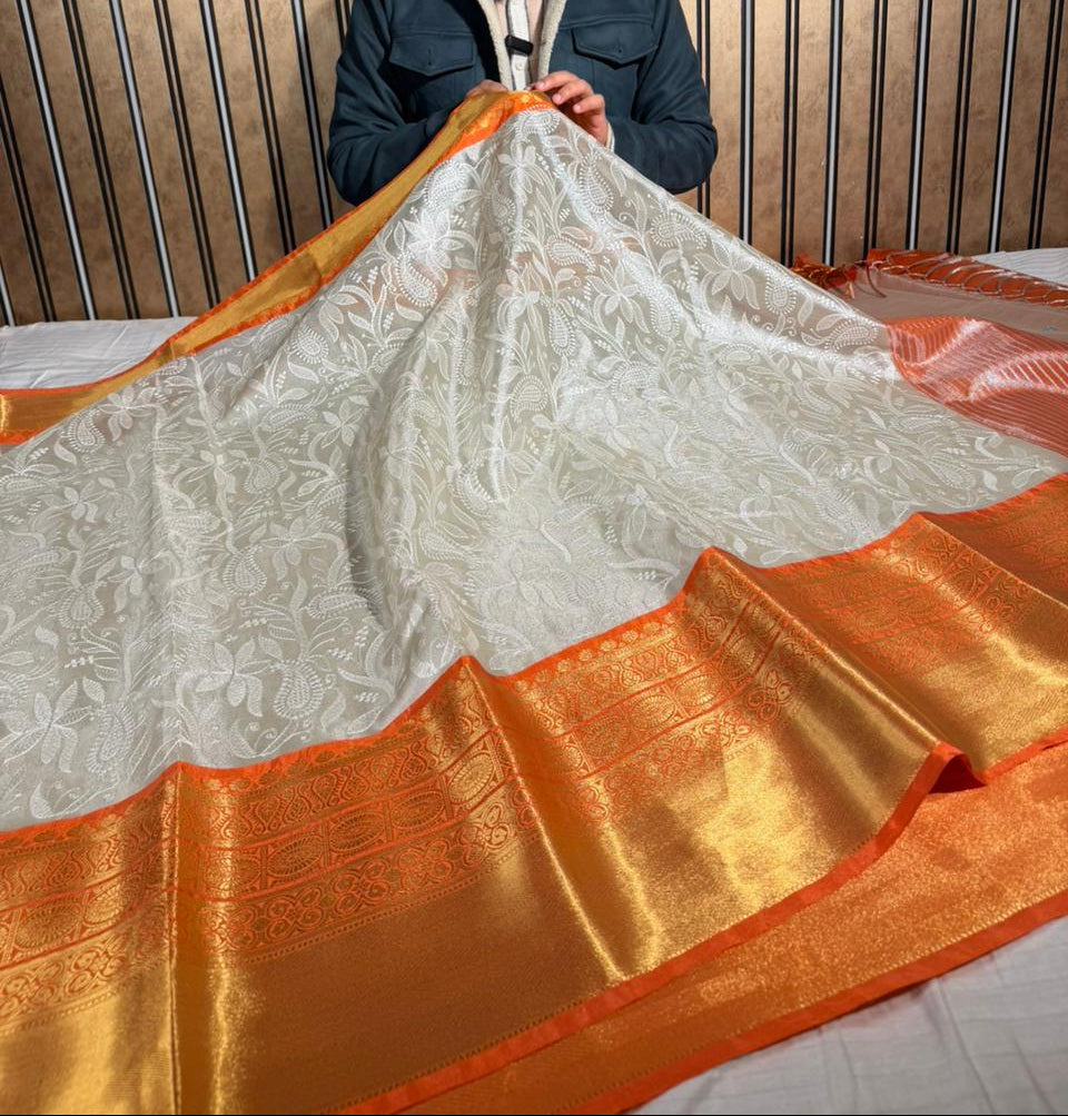 Ivory Contrast Katan Tissue Silk Water Zari Chikankari Embroidered Banarasi Saree