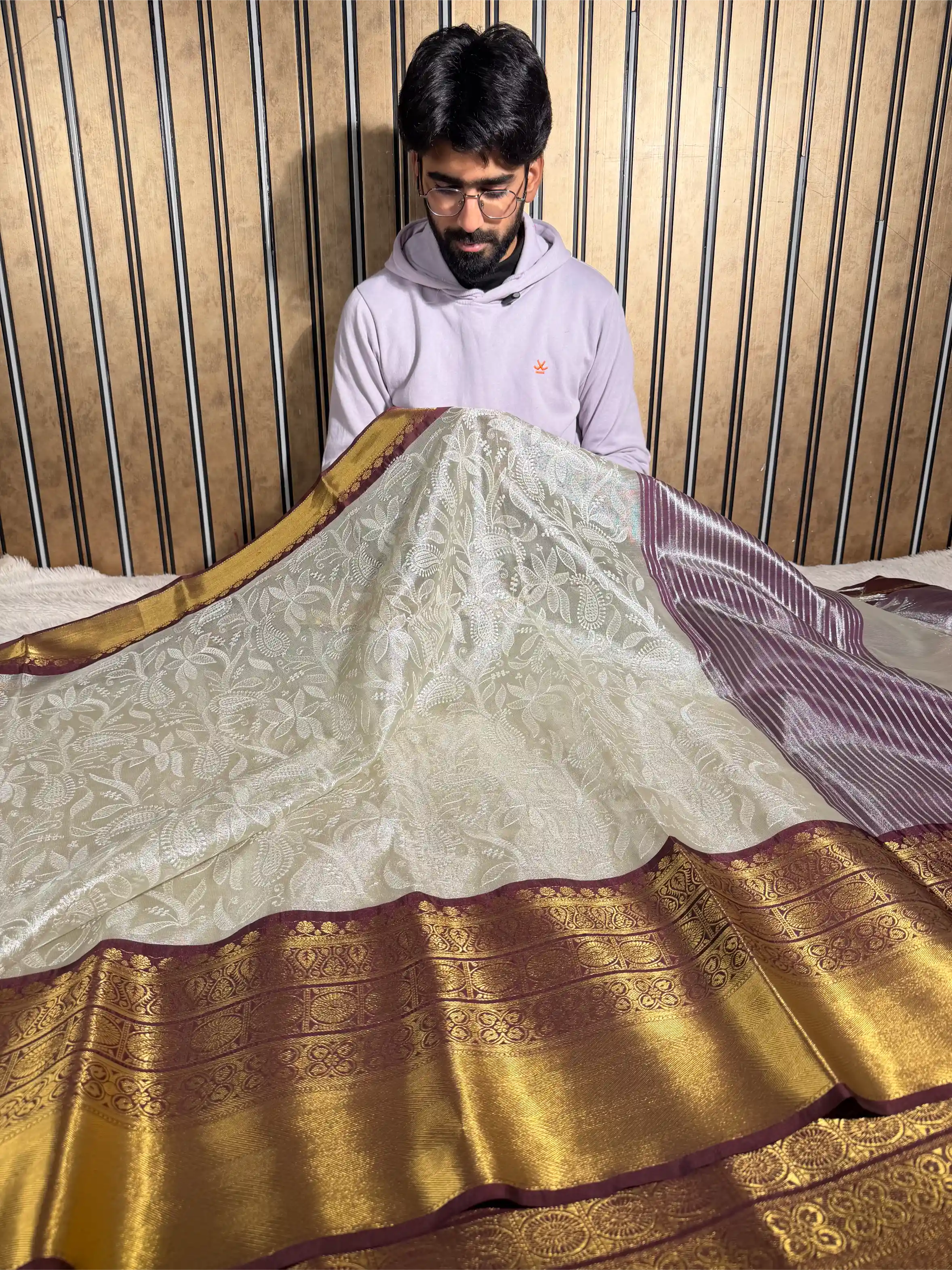 Ivory Contrast Katan Tissue Silk Water Zari Chikankari Embroidered Banarasi Saree