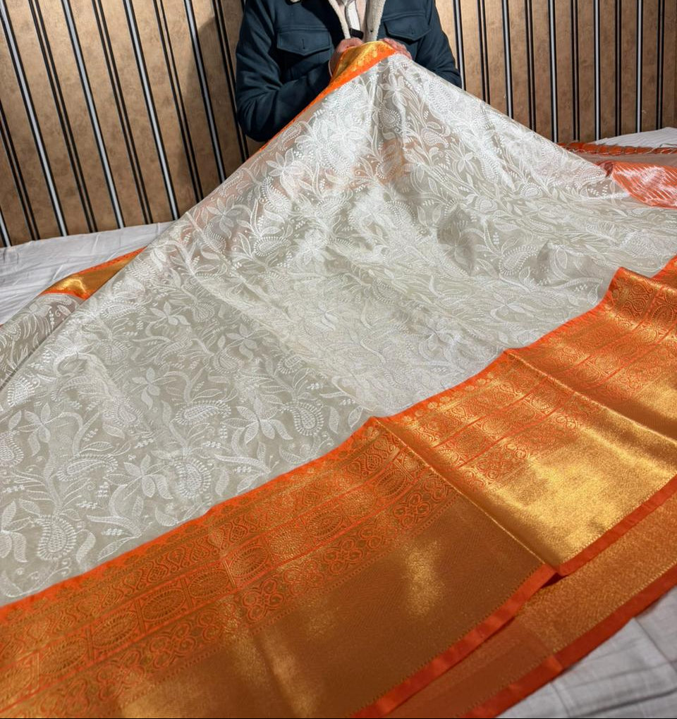 Ivory Contrast Katan Tissue Silk Water Zari Chikankari Embroidered Banarasi Saree