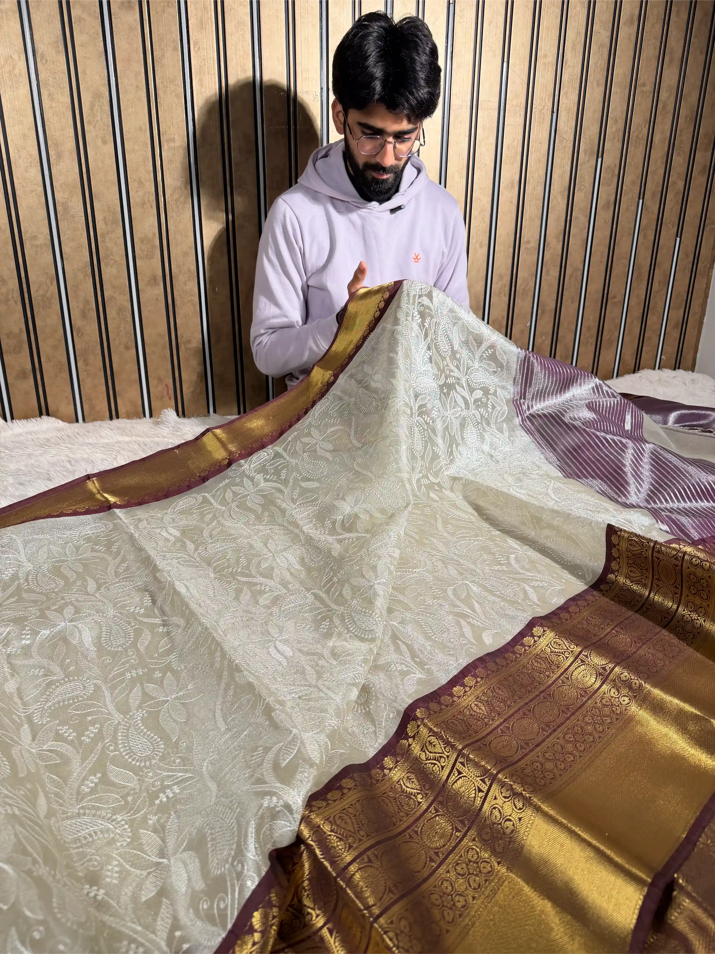 Ivory Contrast Katan Tissue Silk Water Zari Chikankari Embroidered Banarasi Saree