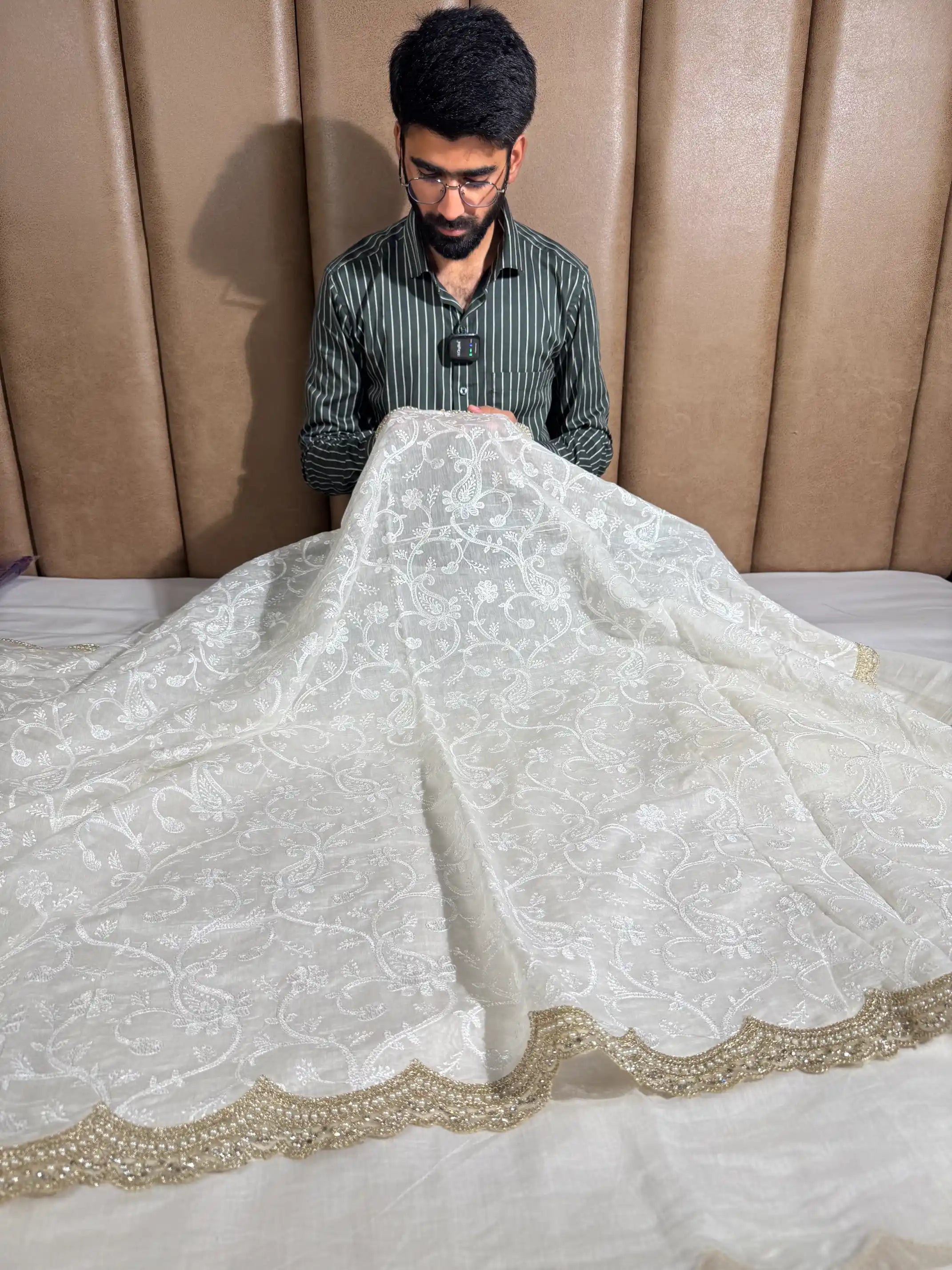 Ivory Cream Pure Mul Chanderi Chikankari Embroidery Saree 