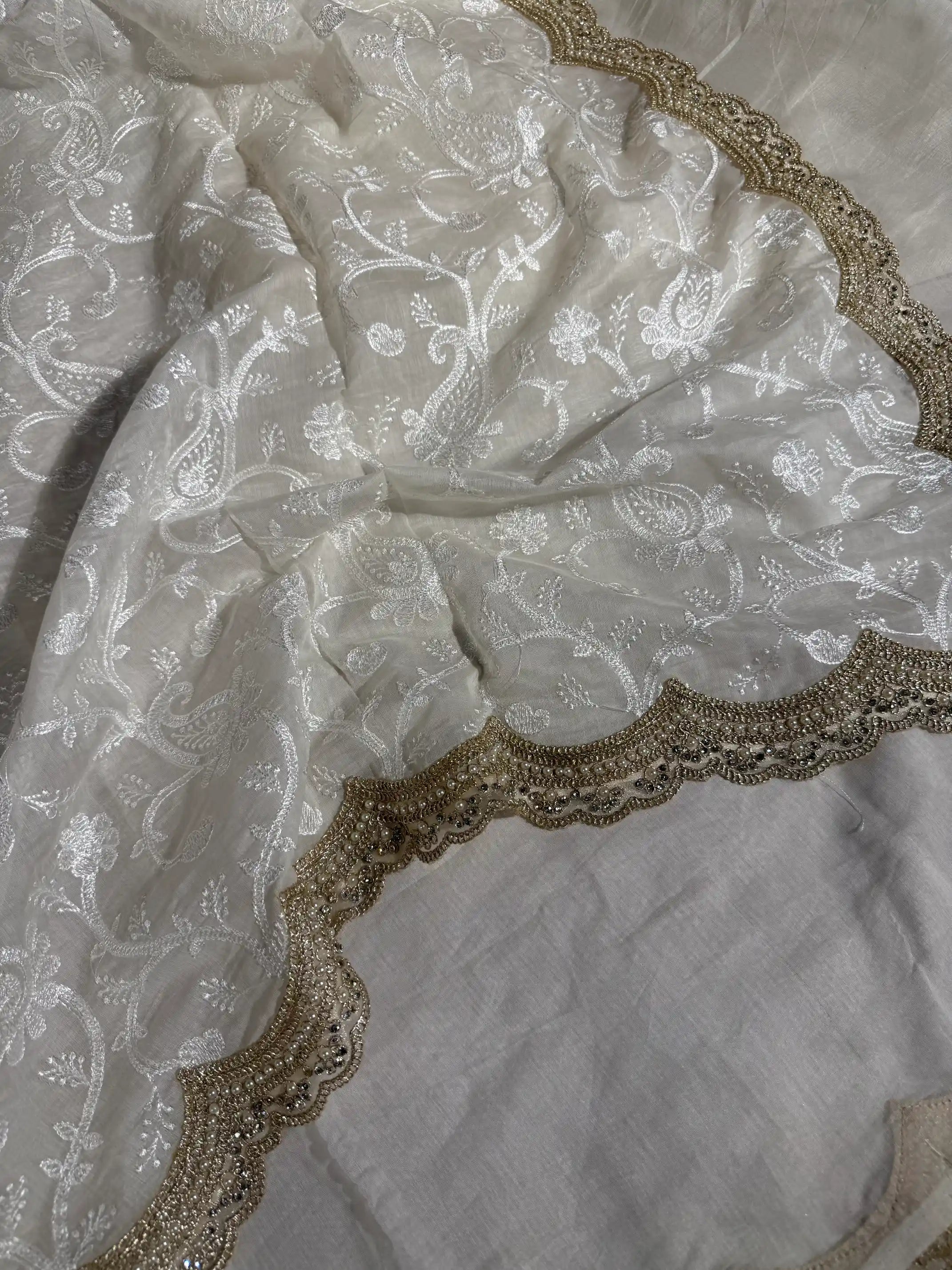 Ivory Cream Pure Mul Chanderi Chikankari Embroidery Saree 