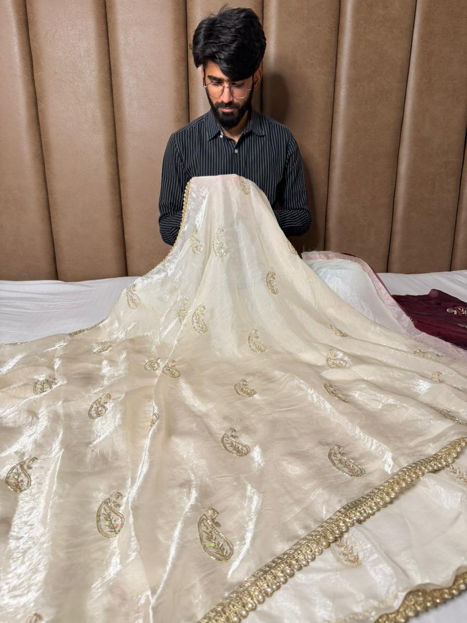 Ivory Cream Shade Shimmery Tissue Silk Handwork Saree