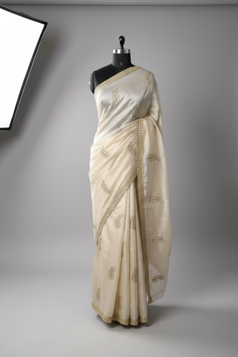 Ivory Cream Shade Shimmery Tissue Silk Handwork Saree