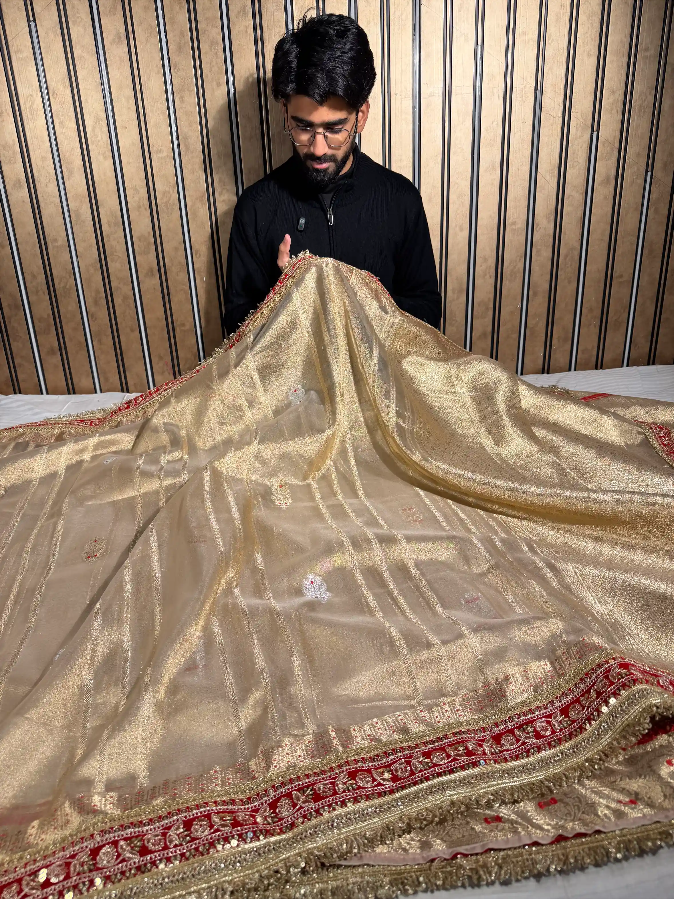 Ivory Gold Tissue Silk Designer Lace Work Banarasi Saree 