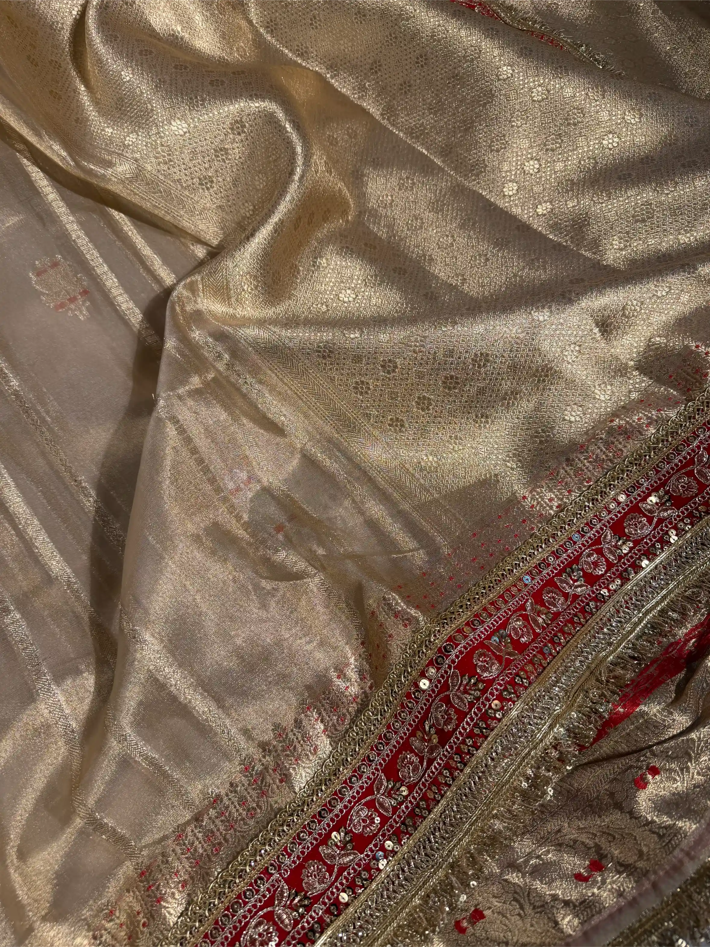 Ivory Gold Tissue Silk Designer Lace Work Banarasi Saree 