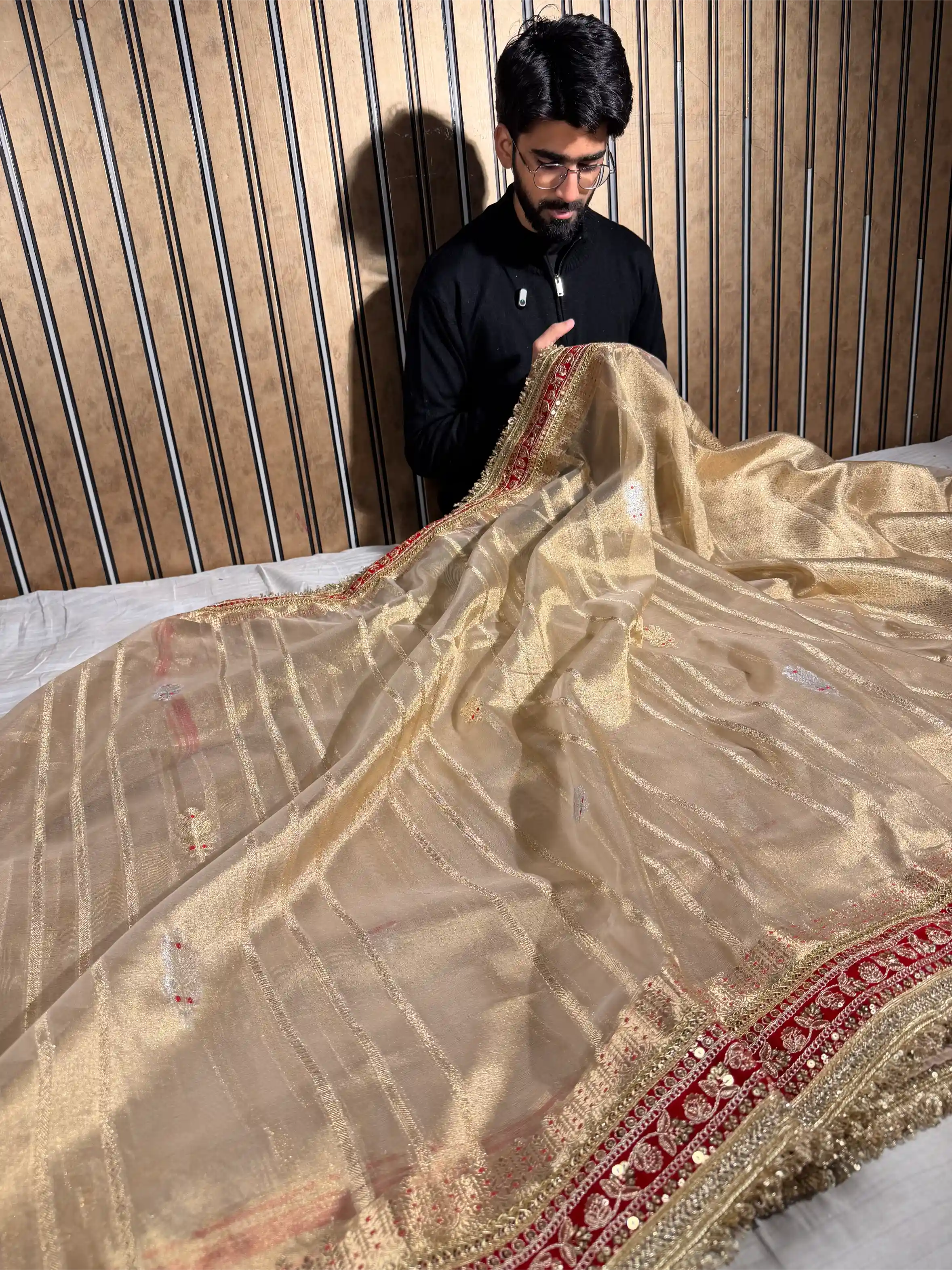 Ivory Gold Tissue Silk Designer Lace Work Banarasi Saree 