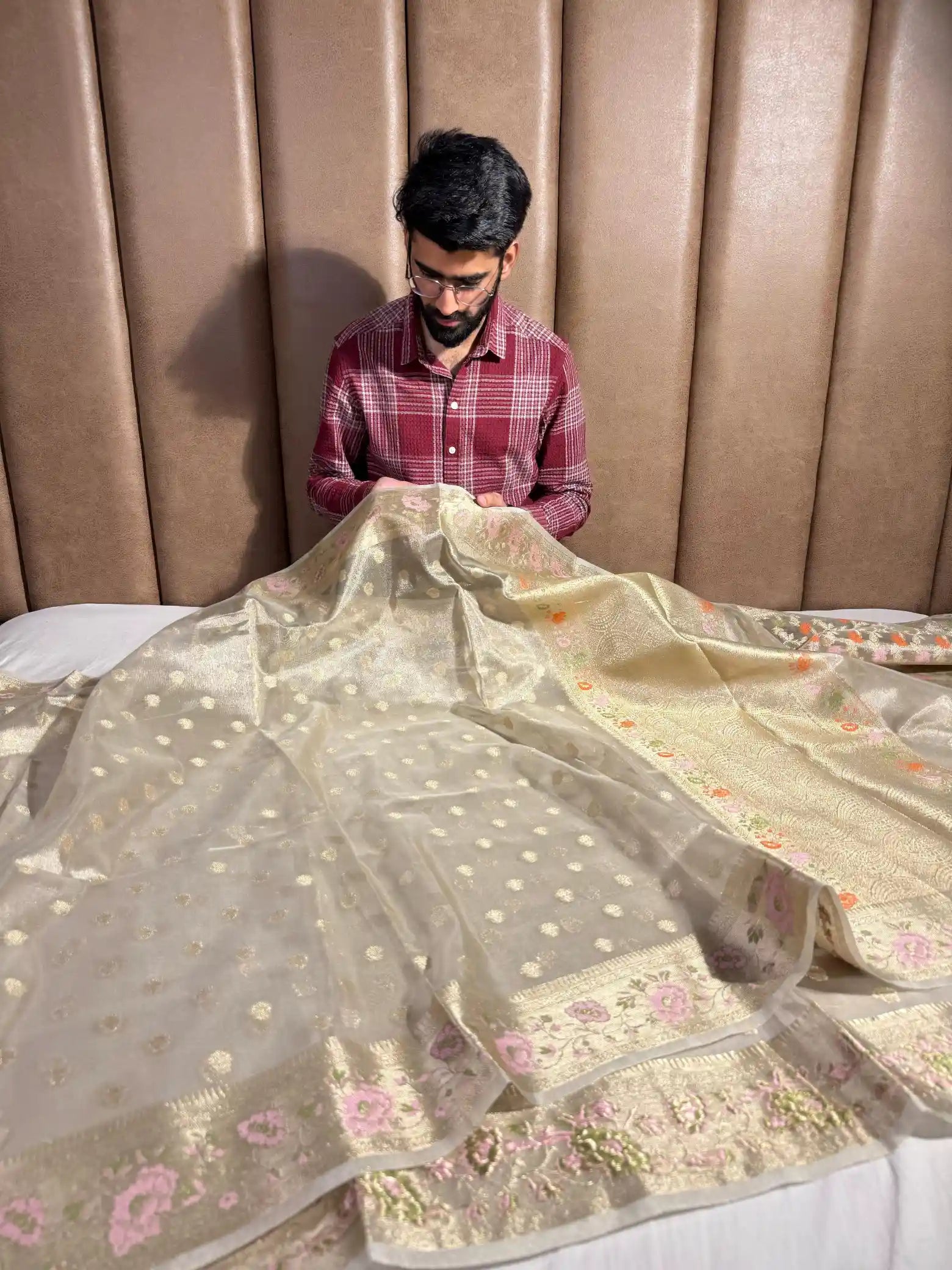 Ivory Gold Tissue Silk Zari Buti Weave Banarasi Saree