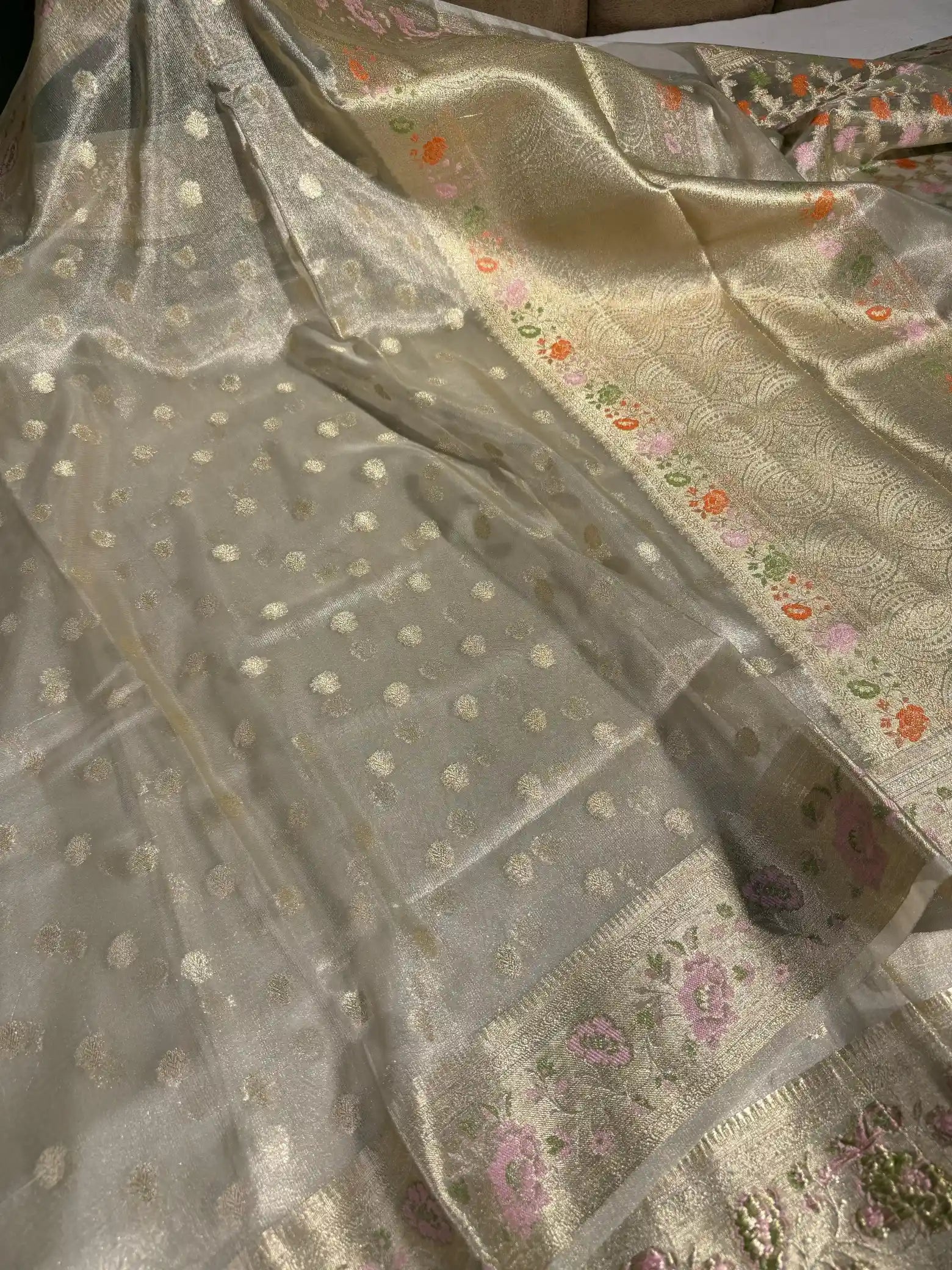 Ivory Gold Tissue Silk Zari Buti Weave Banarasi Saree