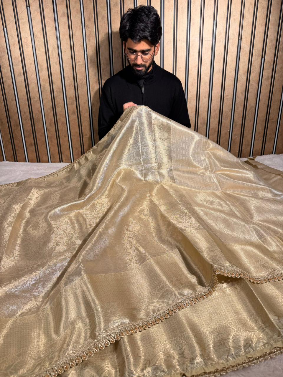 Ivory Kanjivaram Tissue Silk Designer Lace Attached Banarasi Saree